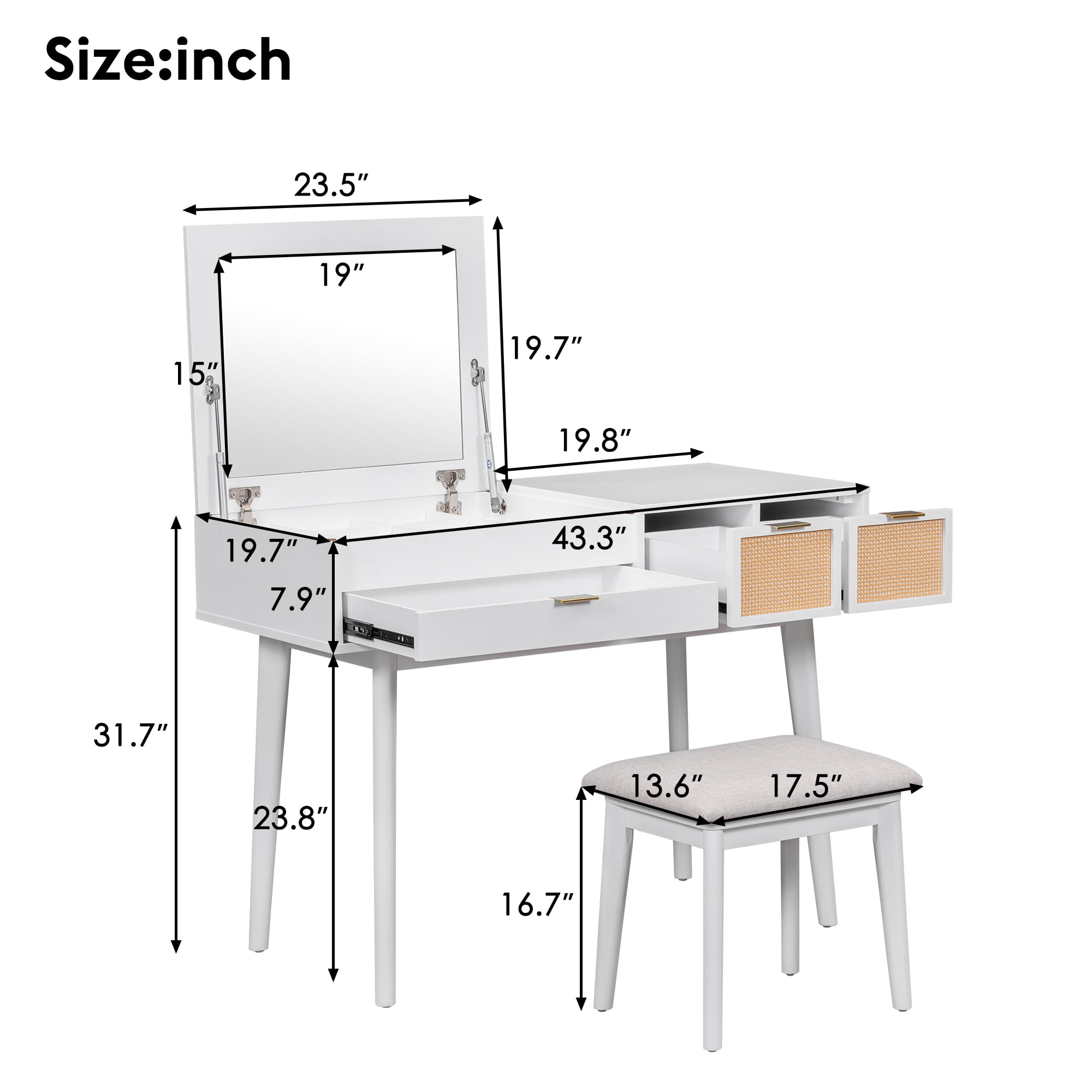 Euroco 43" Modern Makeup Dresser with Flip-top Mirror and Stool, Wood Vanity Set with Three Drawers, White - Image 2