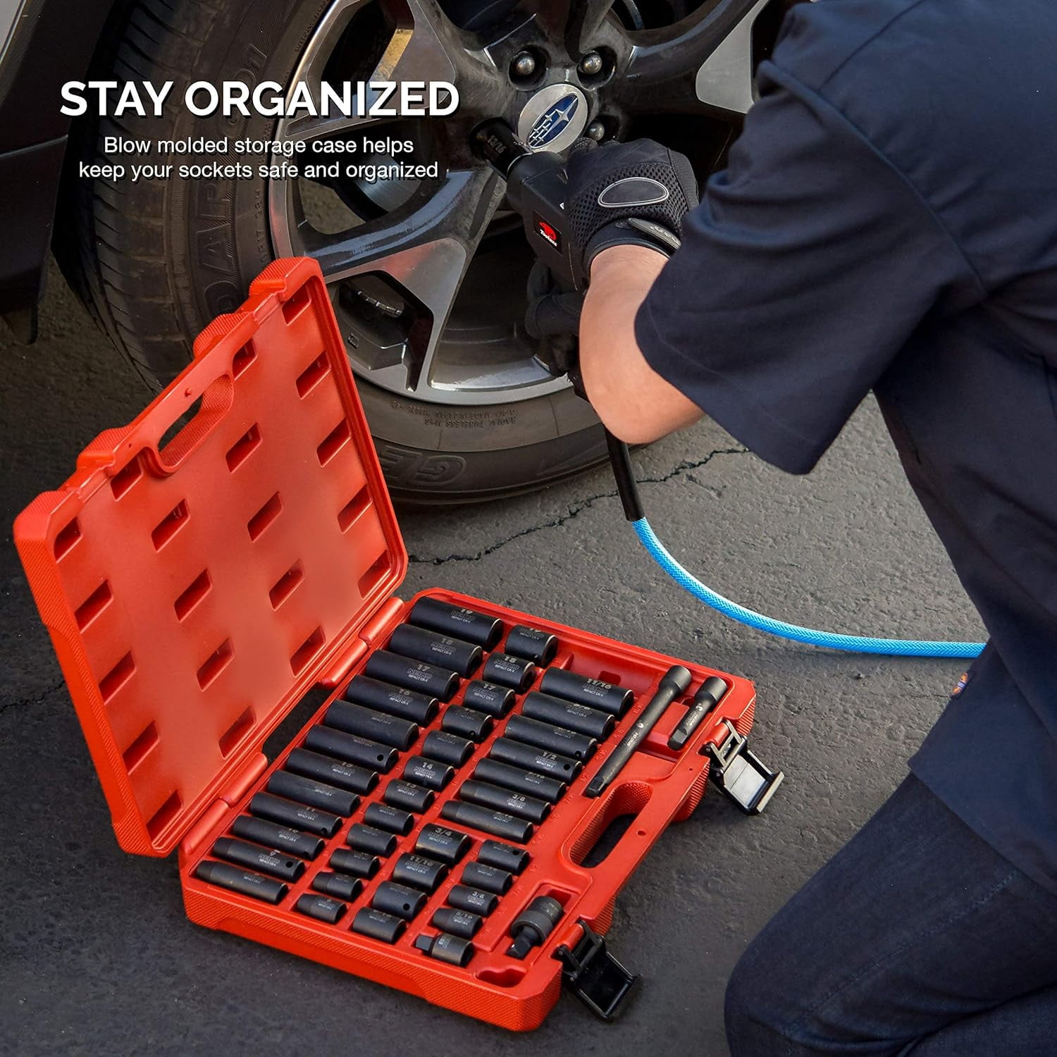 NEIKO 02440A 3/8-Inch-Drive Impact Socket Set, SAE Sizes 5/16" to 3/4" and Metric Sizes 8 mm to 19 mm, Includes Extension Bars and U-Joint, 44 Pieces - Image 2