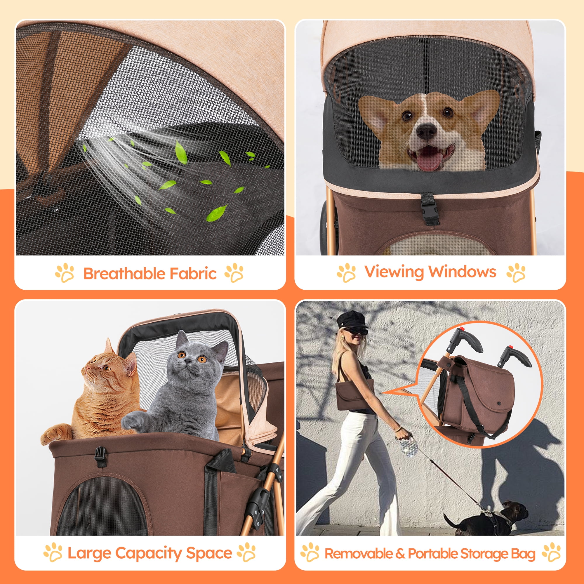 Monasem 4 Wheels Foldable Pet Stroller 3 in 1 with Waterproof Detachable Pets Travel Carrier for Small/Medium Dogs Cats up to 60lbs, Brown - Image 7