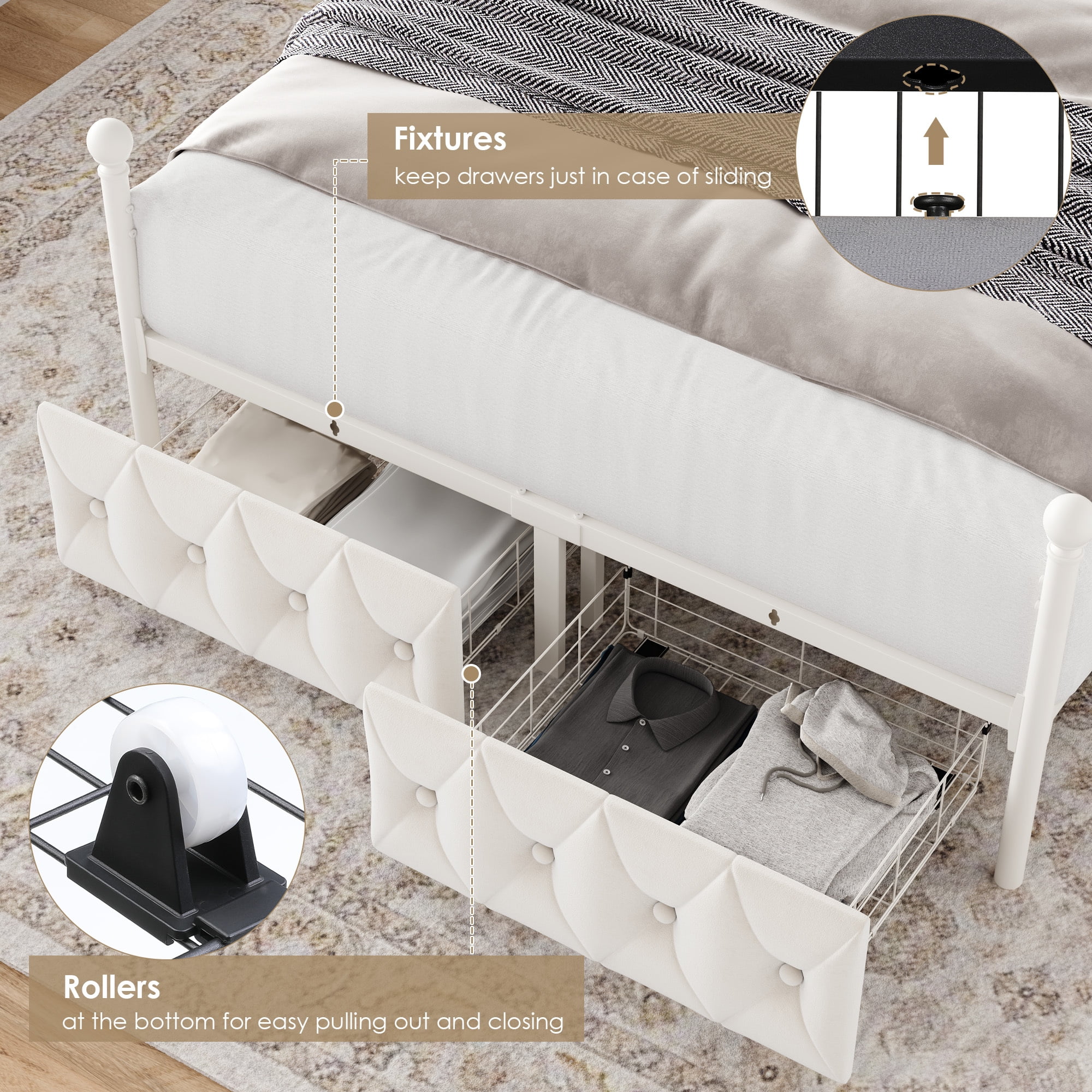 Homfa Queen Size Canopy Bed Frame, 2 Storage Drawers Metal Platform Bed with Button Tufted Upholstered Headboard, Canopy Bed Curtain Not Included, Beige - Image 3