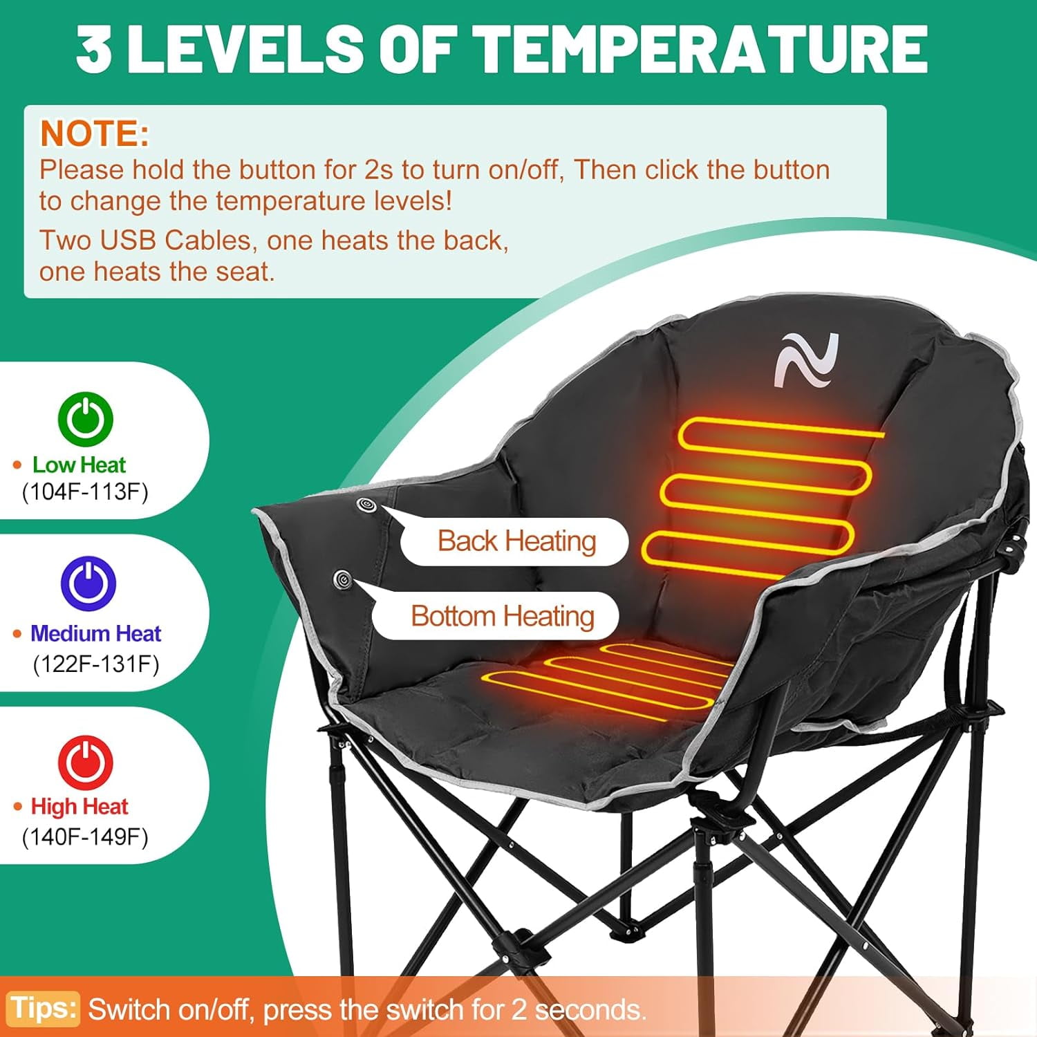 Slsy Heated Camping Chair Oversized, XL Heated Chair Outdoor Sports, 3 Heating Levels Adjustable Camping Chairs for Adults with Storage Bag, Folding Outdoor Chair - Image 7