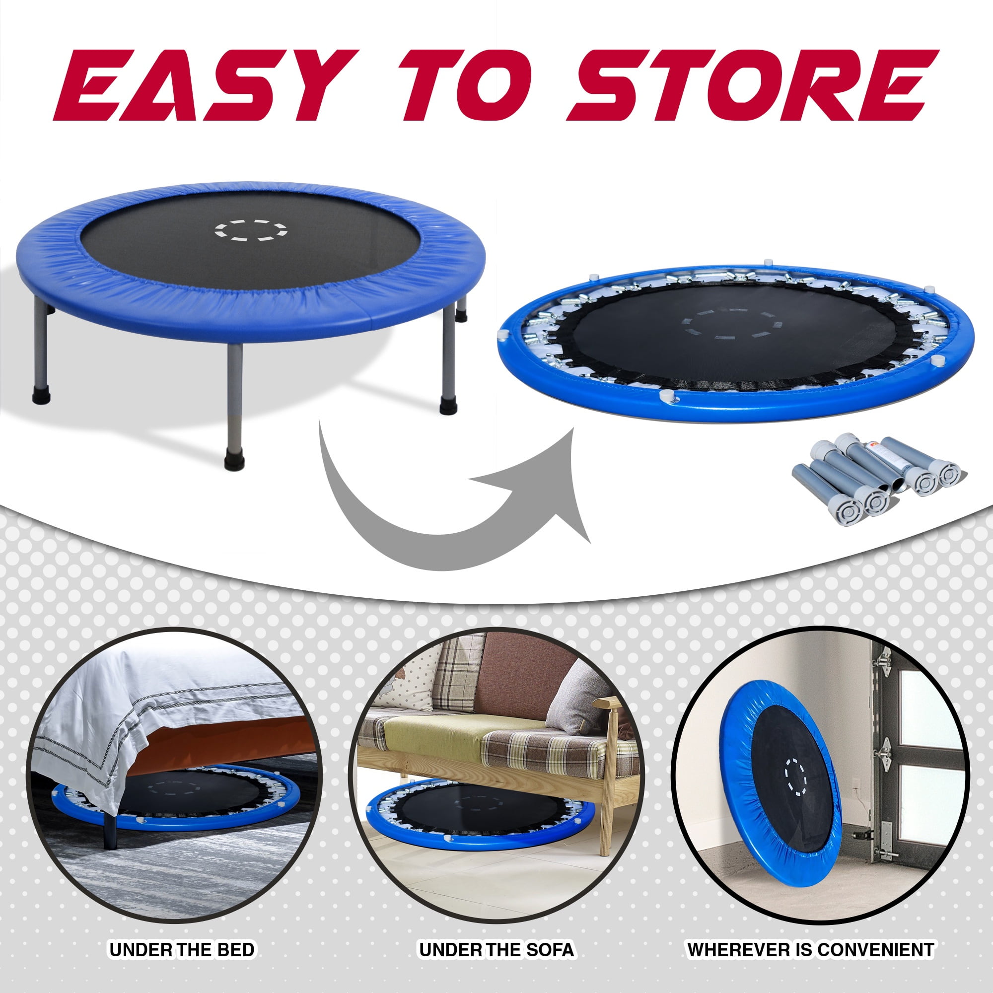 Sportspower TruJump 48" Indoor/Outdoor Mini Trampoline, Fitness Rebounder Trampoline with Adjustable Handle, BLUE - Image 5