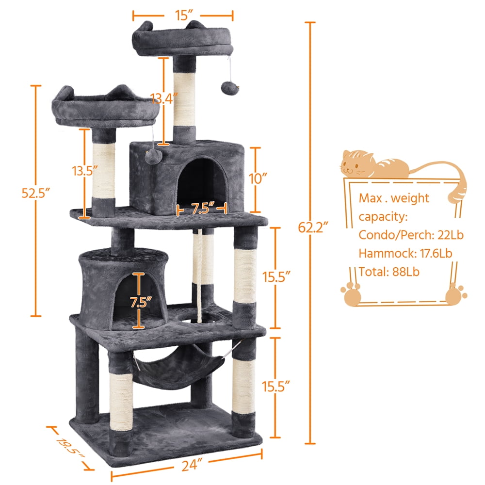 Alden Design 62" Tall Double Condo Cat Tree and Scratching Post Tower, Dark Gray - Image 13