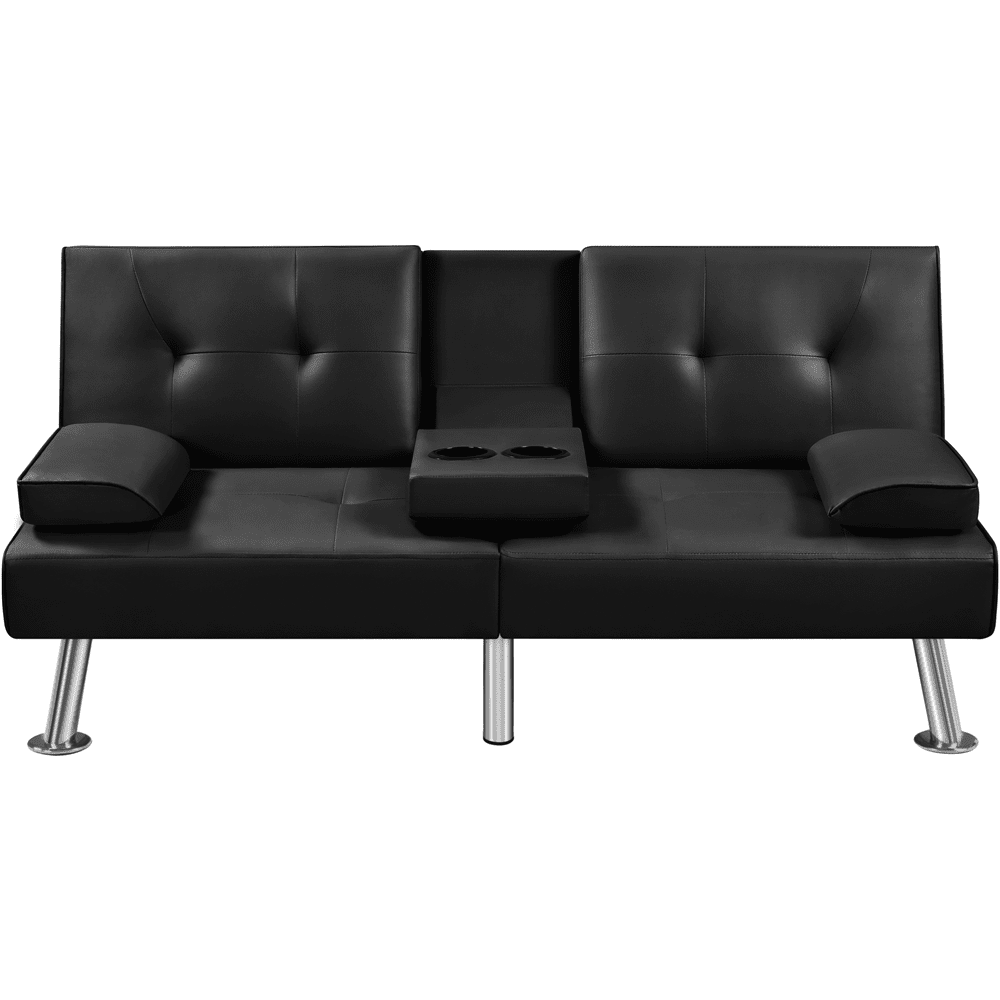 Renwick Modern Faux Leather Futon Sofa Bed Convertible Folding Couch with Cup Holders, Black - Image 3