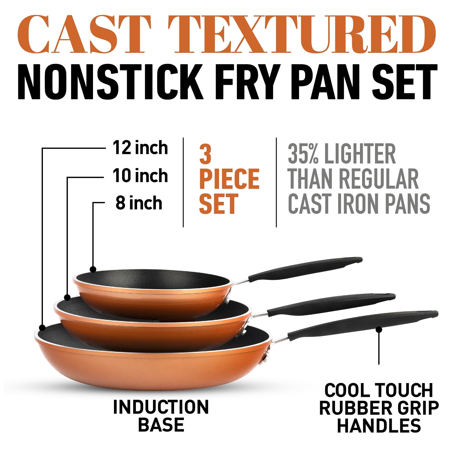 Gotham Steel Diamond Nonstick Frying Pan Set Piece 8" 10 12" Skillets Ceramic Cast Textured Cooking Pan Induction Safe Copper - Image 2