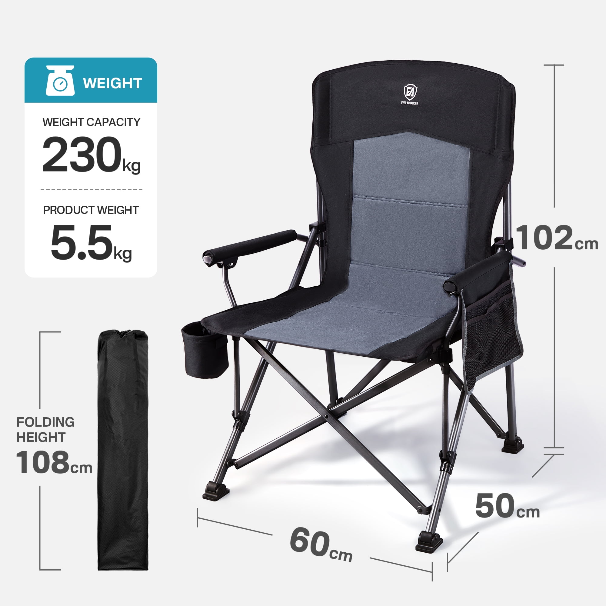 Oversized Folding Camping Chair, High Back Lawn Chair for Adults, Side Pockets & Cup Holder, Portable for Outdoor, Heavy Duty, Supports to 500 lbs, Black - Image 4