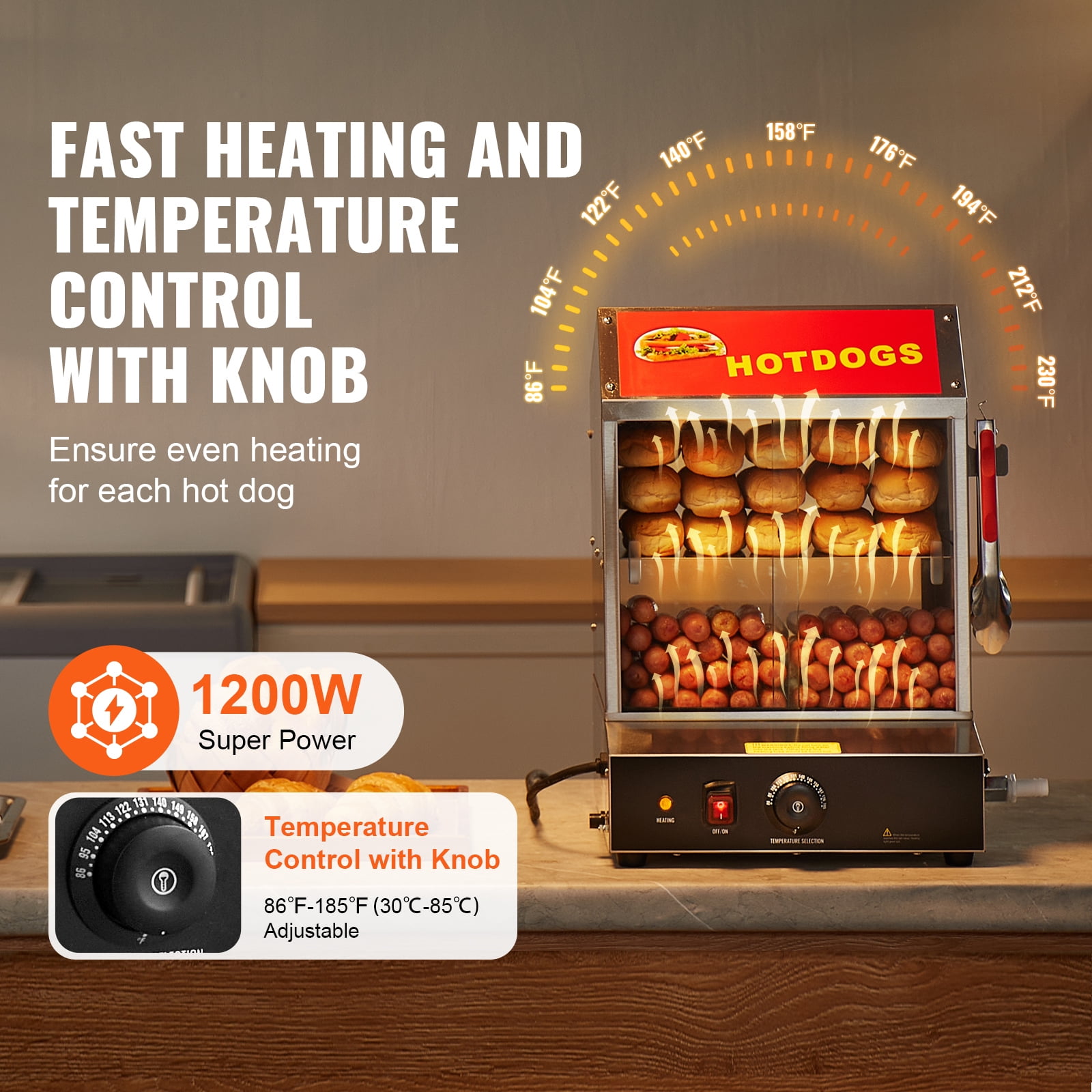 KFFKFF Hot Dog Warmer, 28.5QT, Dual-Level Hot Dog House Steamer, Temperature Adjustment 86℉~185℉, Electric Bread Heater with Durable Glass Slide Doors - Image 5