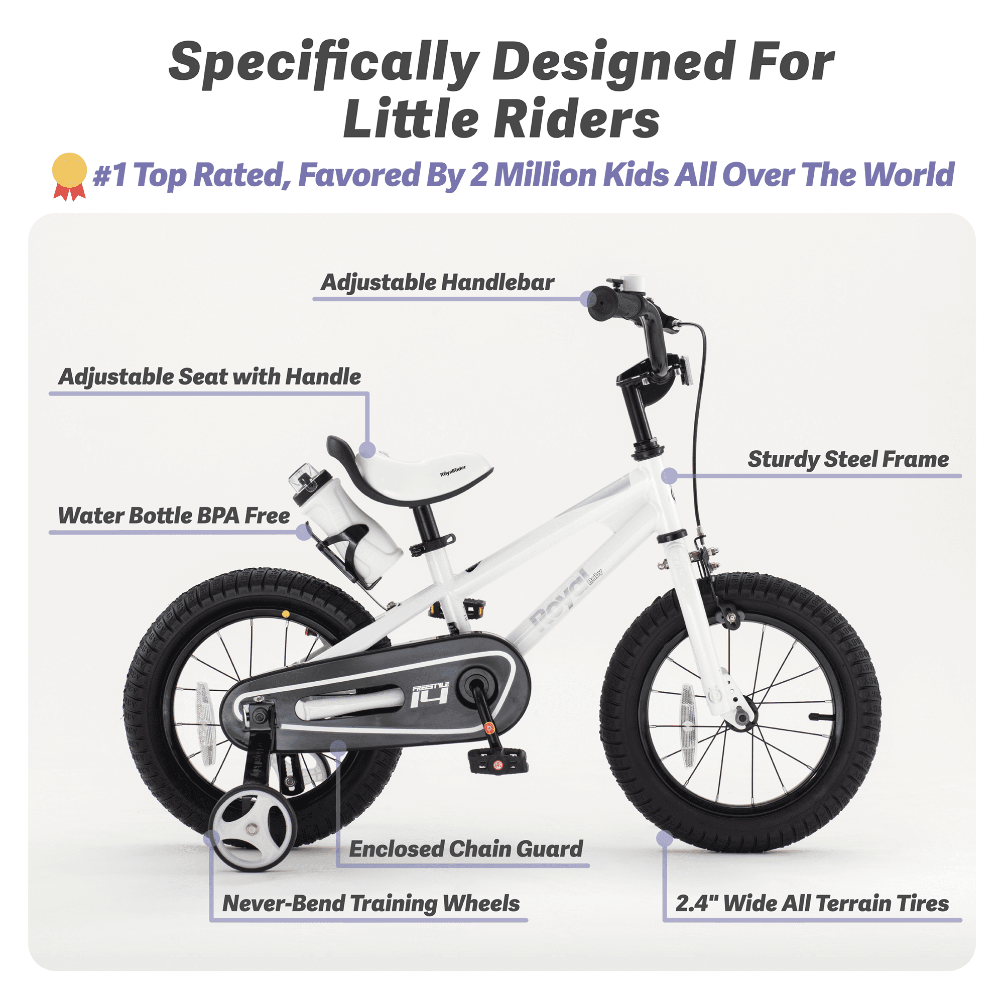 Royalbaby Boys Girls Kids Bike 14 In BMX Freestyle White 2 Hand Brakes Bicycles with Training Wheels Child Bicycle - Image 7