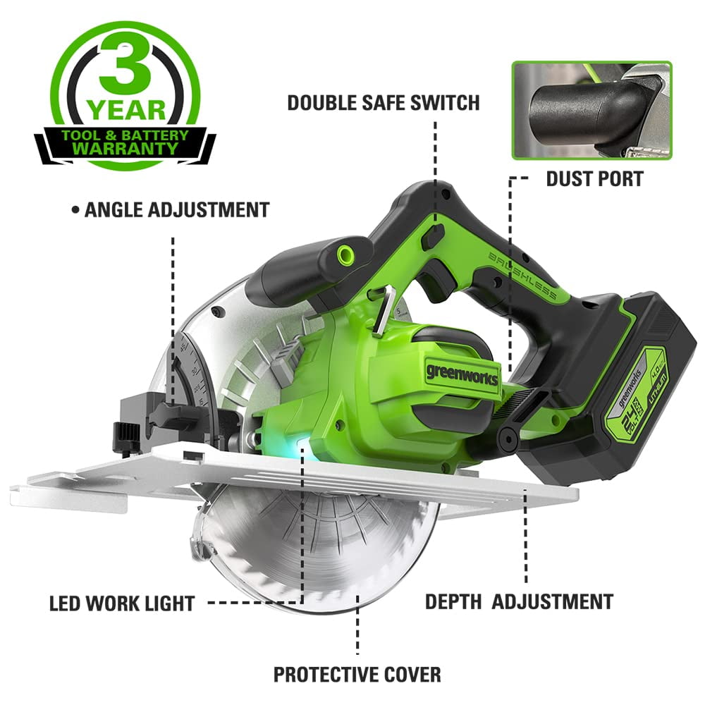 Greenworks 24V Brushless Cordless 7.25'' Circular Saw 4,500 RPM, with 4Ah Battery and 2A Charger - Image 2