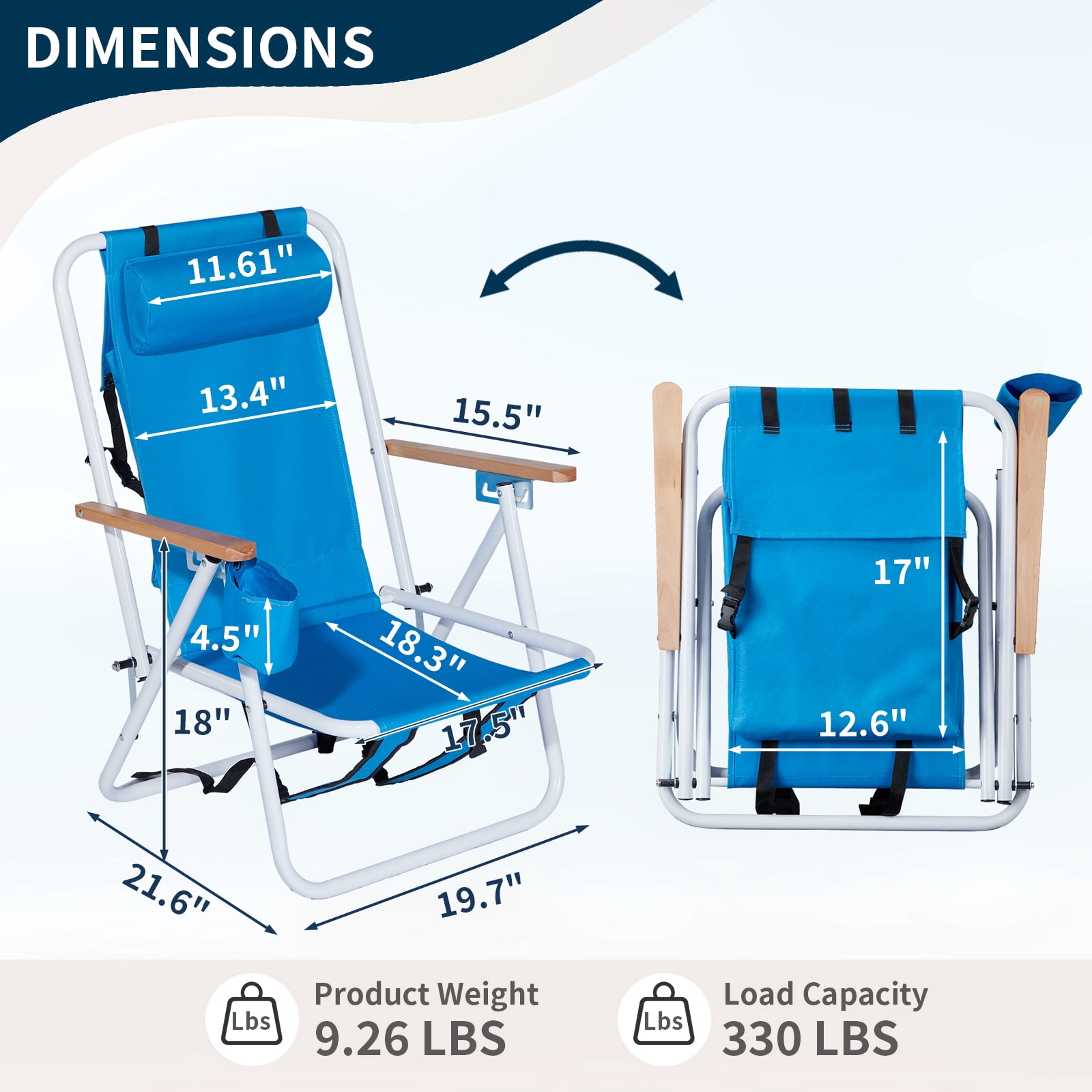 Ktaxon Backpack Beach Chair, Outdoor 4-Level Adjustable Folding Chair, Protable Seating with Cup Holder & Removable Headrest, Blue - Image 7