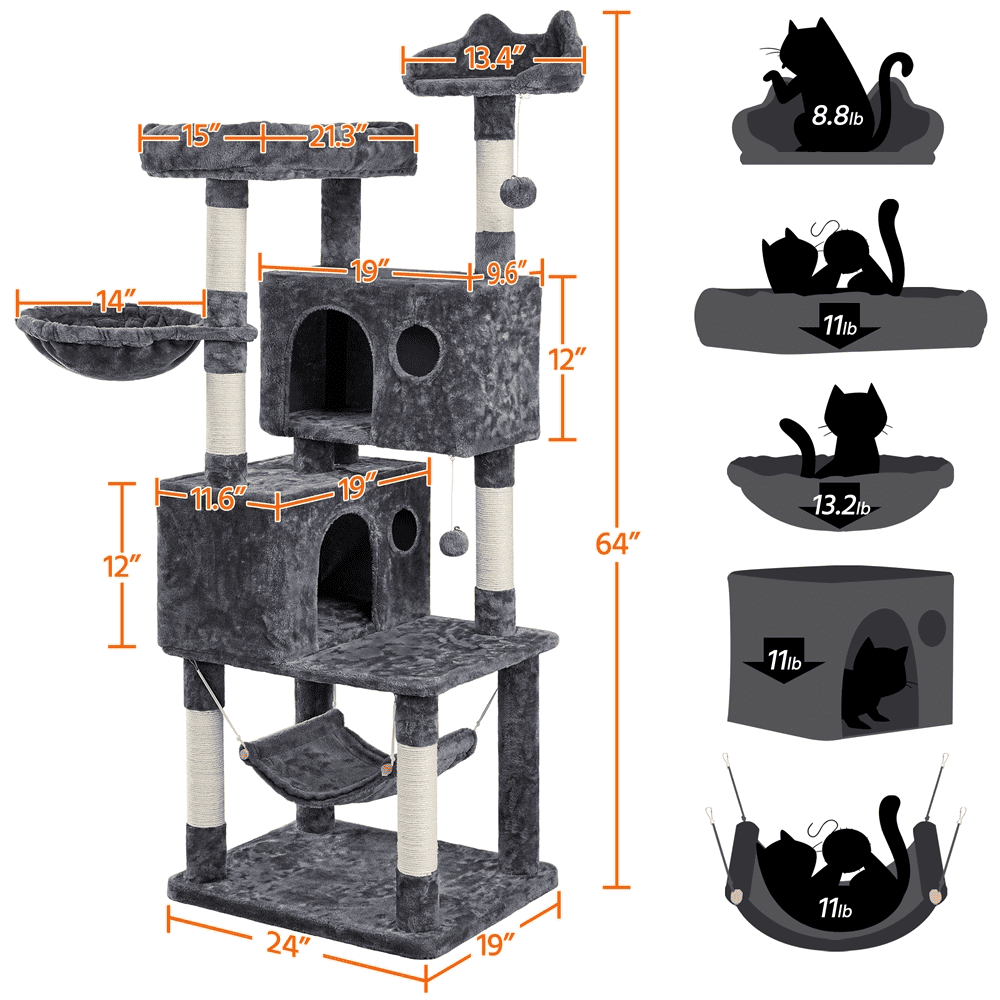 Alden Design 64.5"H Multi-level Cat Tree Tower with Condos and Perches, Dark Gray - Image 11
