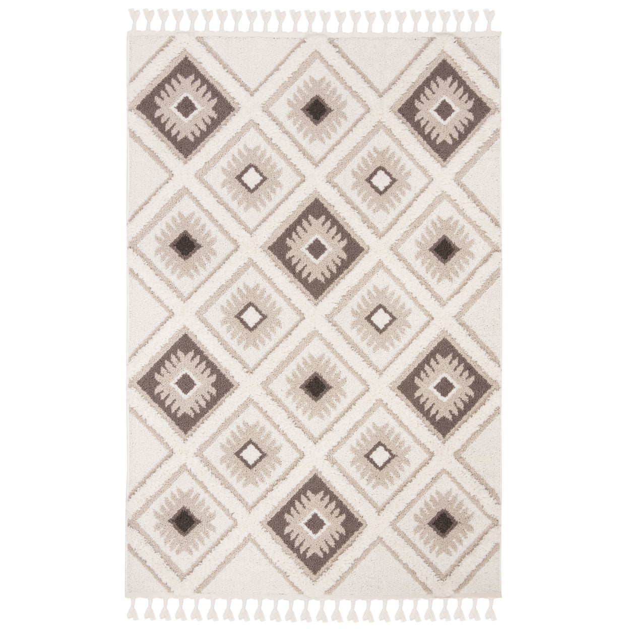 SAFAVIEH Moroccan Tassel Shag Elsie Moroccan Geometric Area Rug, Ivory/Brown, 5'3" x 7'6" - Image 6