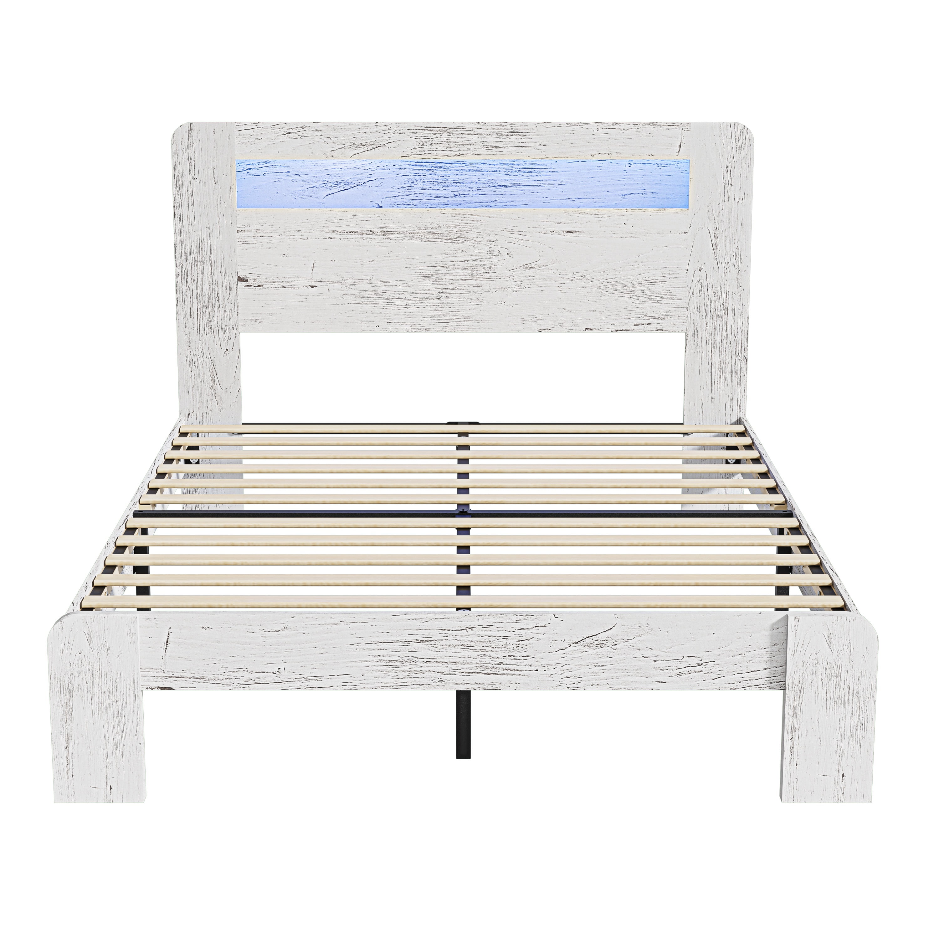Full Bed Frame with LED Storage Headboard and Charging Station, UHOMEPRO Wood Full Bed Frame with Strong Support and RGB Lights, Modern Farmhouse Bedroom Furniture, No Box Spring Needed, White - Image 4