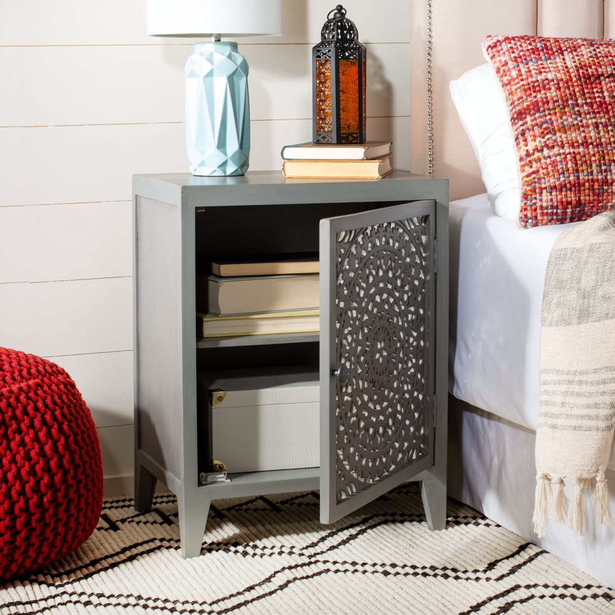 SAFAVIEH Thea Mid-Century Retro 1 Door Carved Nightstand, Grey Walnut - Image 7