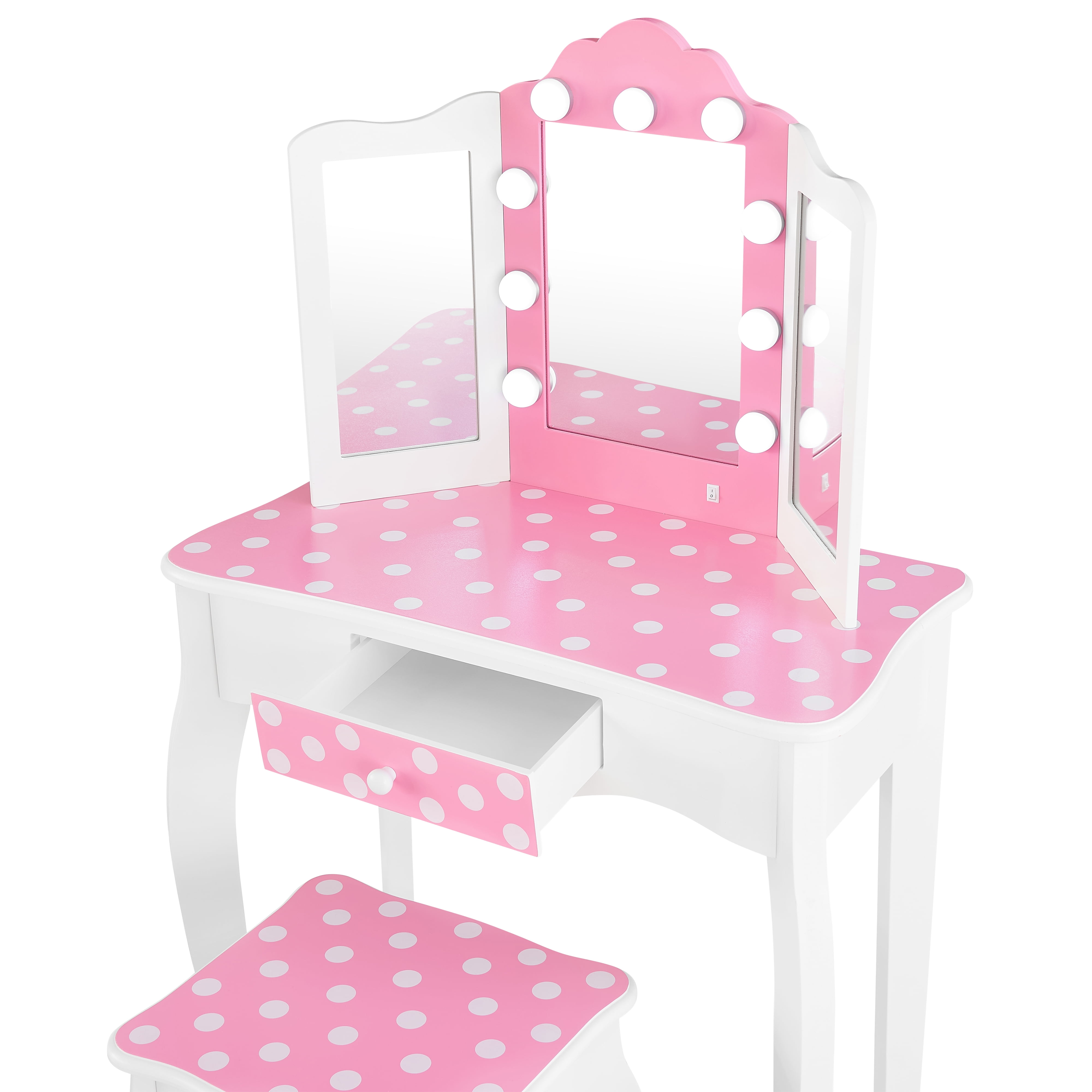 Fantasy Fields Gisele Polka Dot Kids Vanity Table & Stool with LED, White & Pink - Image 3