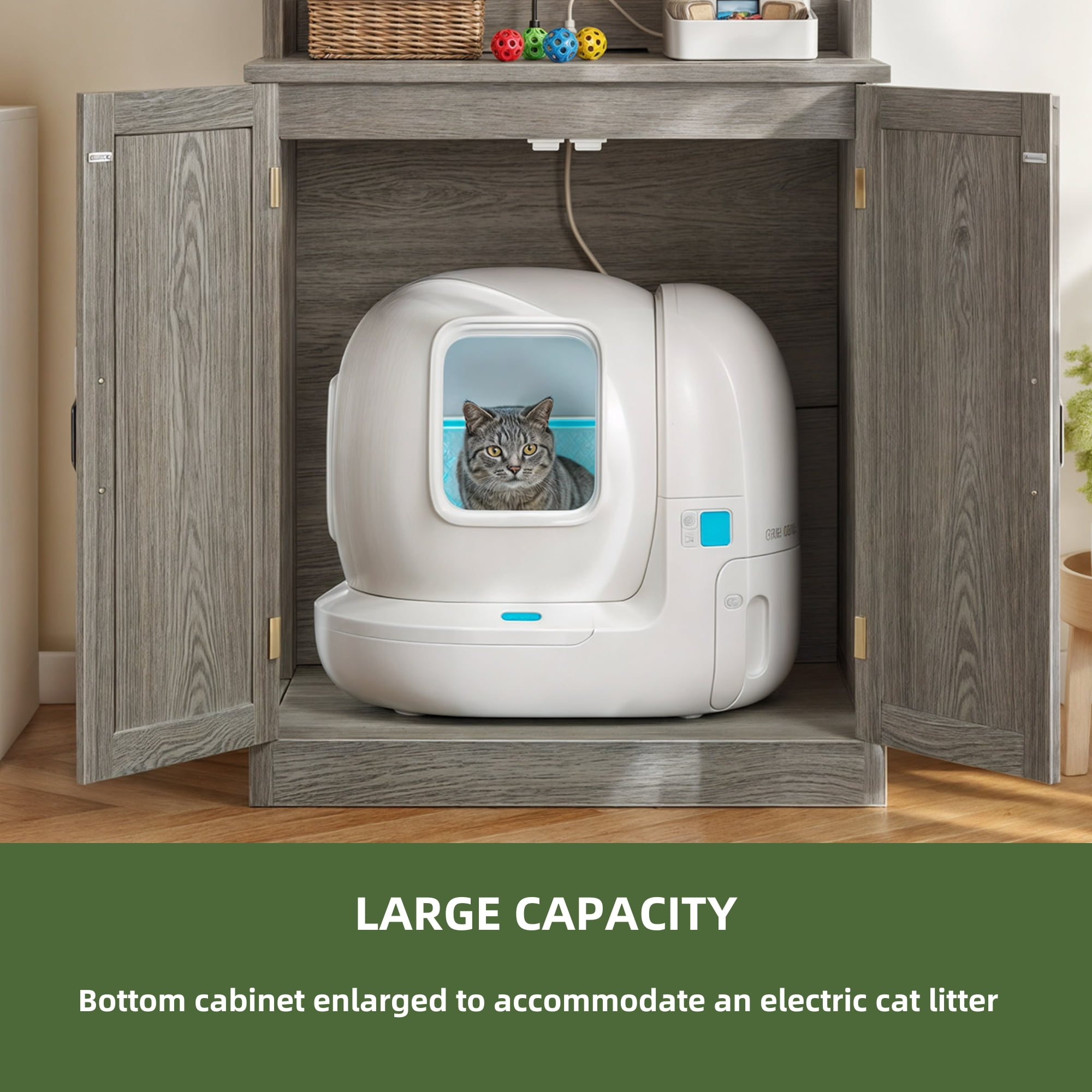 Uforic Litter Box Cabinet Furniture with Charging Station, Cat Enclosure with Shelves - Gray - Image 2