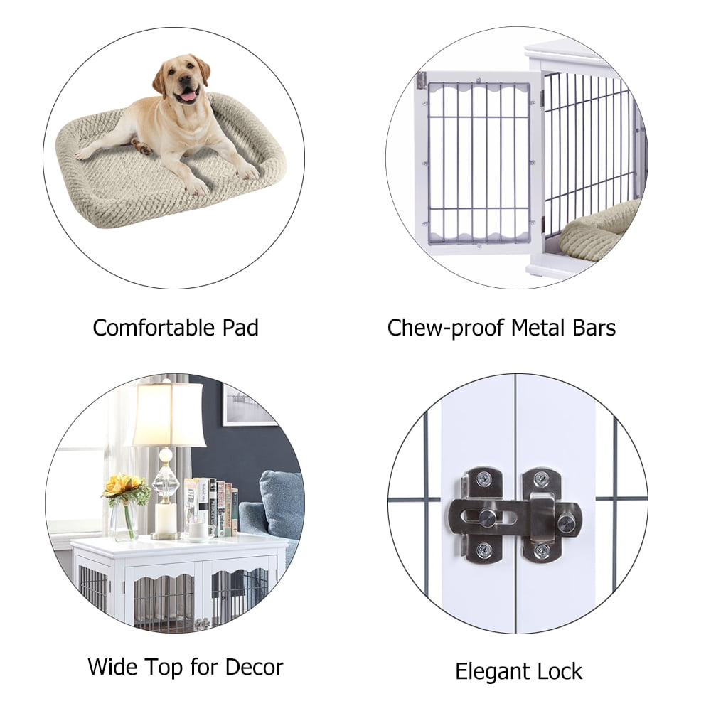 Unipaws Pet Crate Dog Bed End Table with Cushion, Wooden Wire Dog Kennels with Double Doors, Modern Design Dog House, Big Crate Indoor Use, White - Image 6