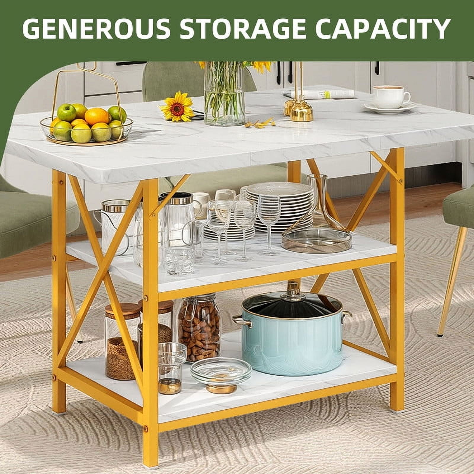 Uforic 47" Dining Table for 4, Dining Room Table with Storage Shelf, ModernRectangle Kitchen Table for Home Kitchen Dining Room Living Room, White& Gold - Image 4