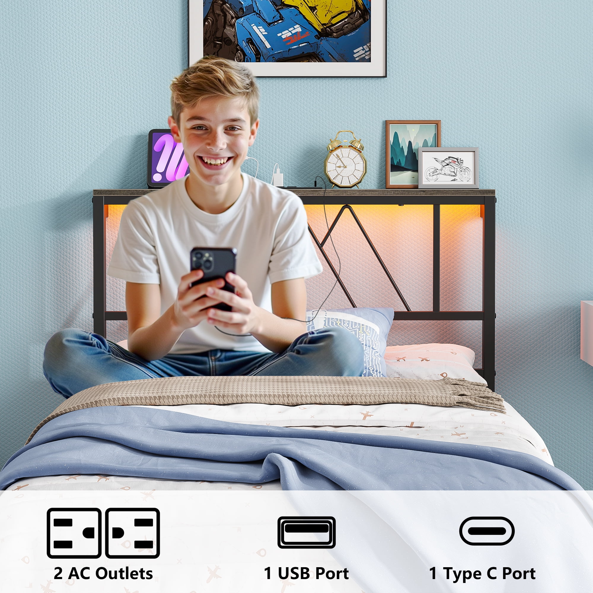 Yoneston Twin Size Platform Bed Fame with LED and Charging Station Storage Headboard No Box Spring Need for Kids Furniture, Black - Image 6