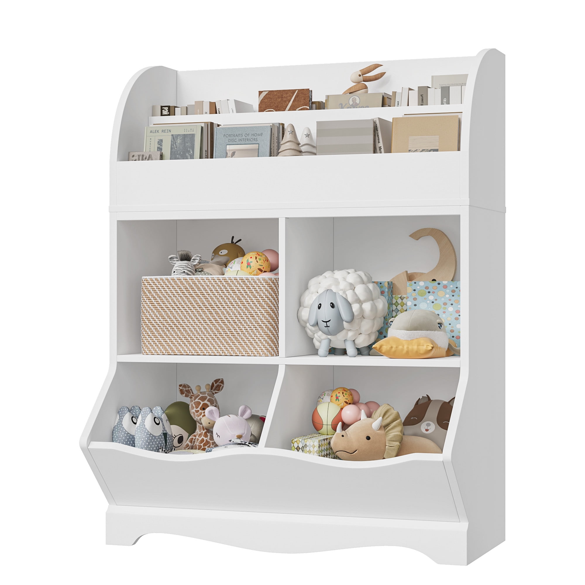 Homfa Kids Bookcase with Book Rack, Wood Cube Toy Storage Cabinet with 4 Bins for Kidsroom Playroom, White - Image 7