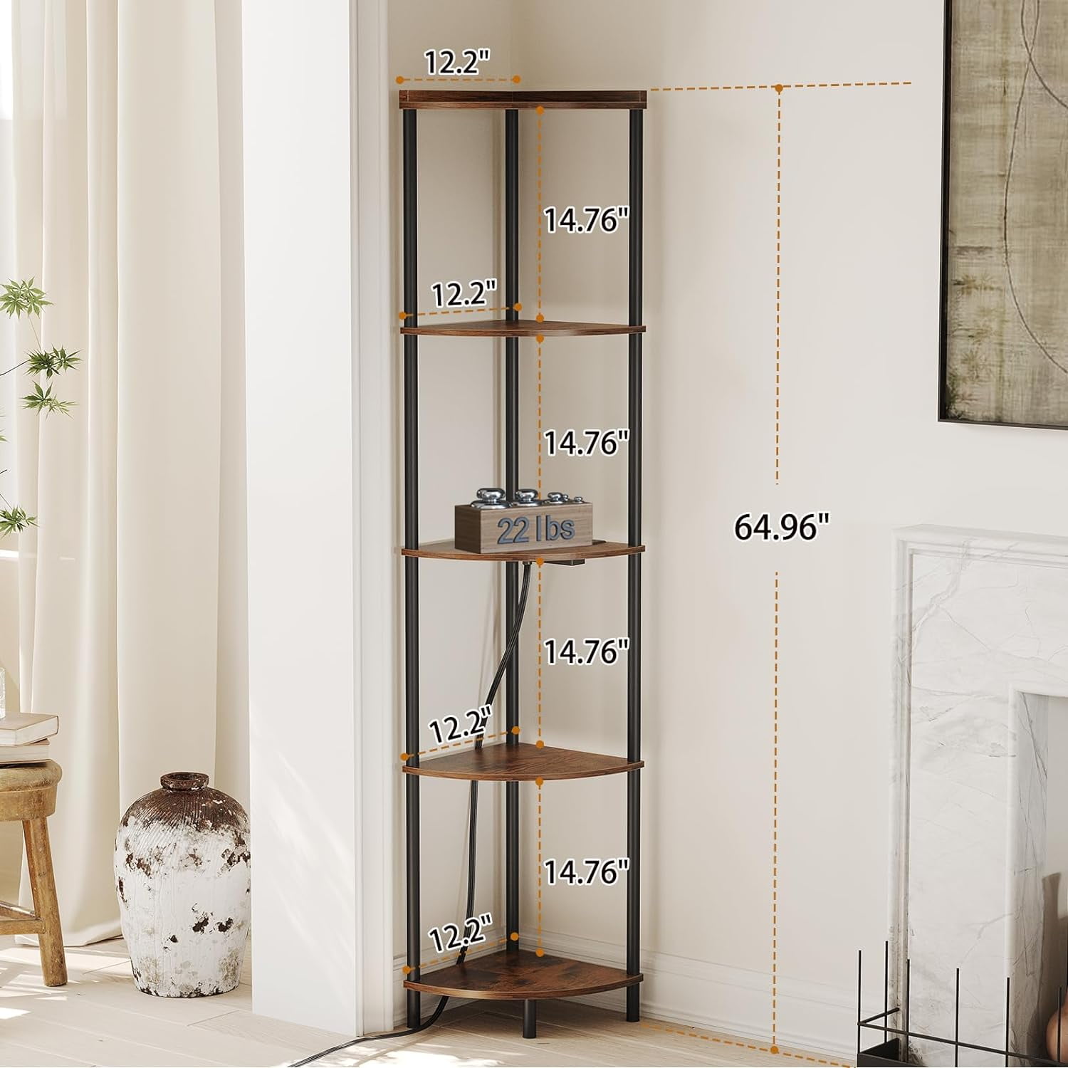 SUNMORY 5 Tier 65 in Wood and Metal Walnut Corner Bookcase with 2 USD Ports and 2 Power Outlets - Image 2