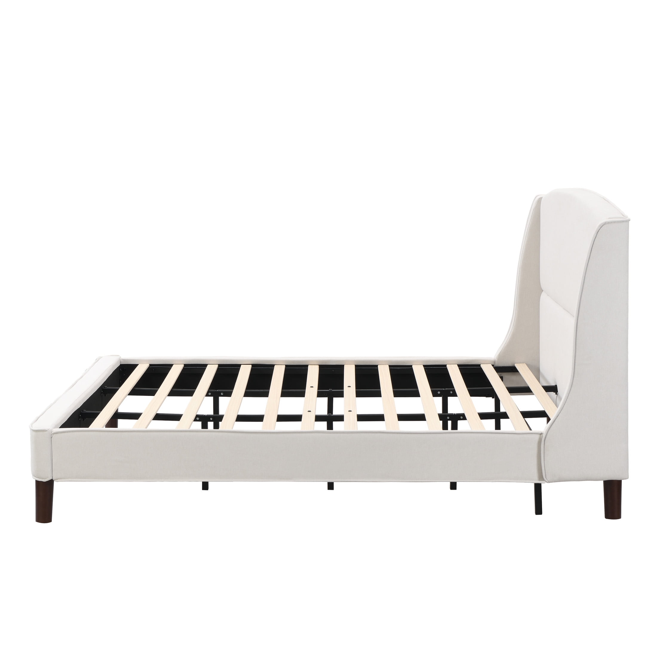 Kian Modern King Bed Frame, Upholstered Platform Bed with Wingback Headboard, Solid Wood Legs, Beige - Image 8