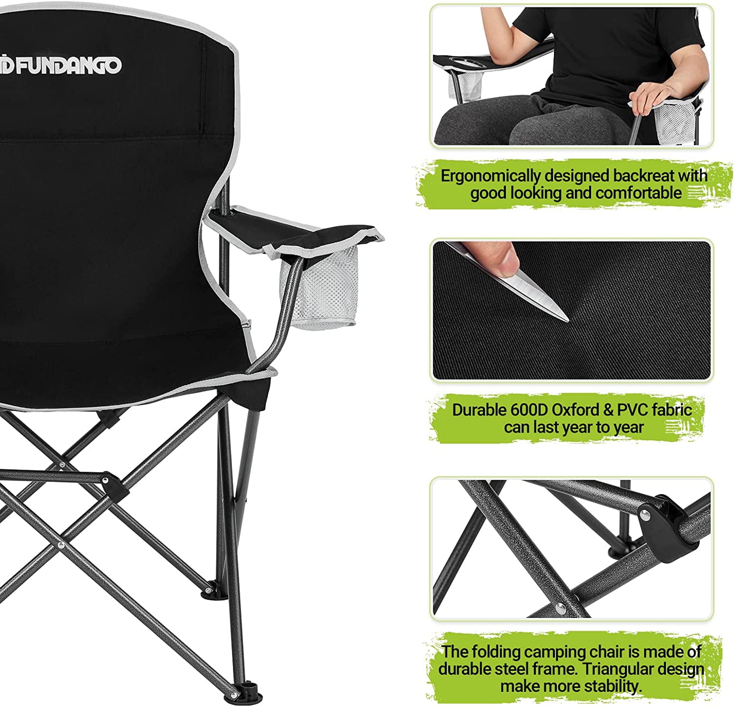 FUNDANGO Black Foldable Camp Lawn Chairs for Outside, Portable Folding Padded Chair for Park, Camping, Includes Side Table & Cup Holder, Support 300 lbs Capacity, Black, 1Pack - Image 9