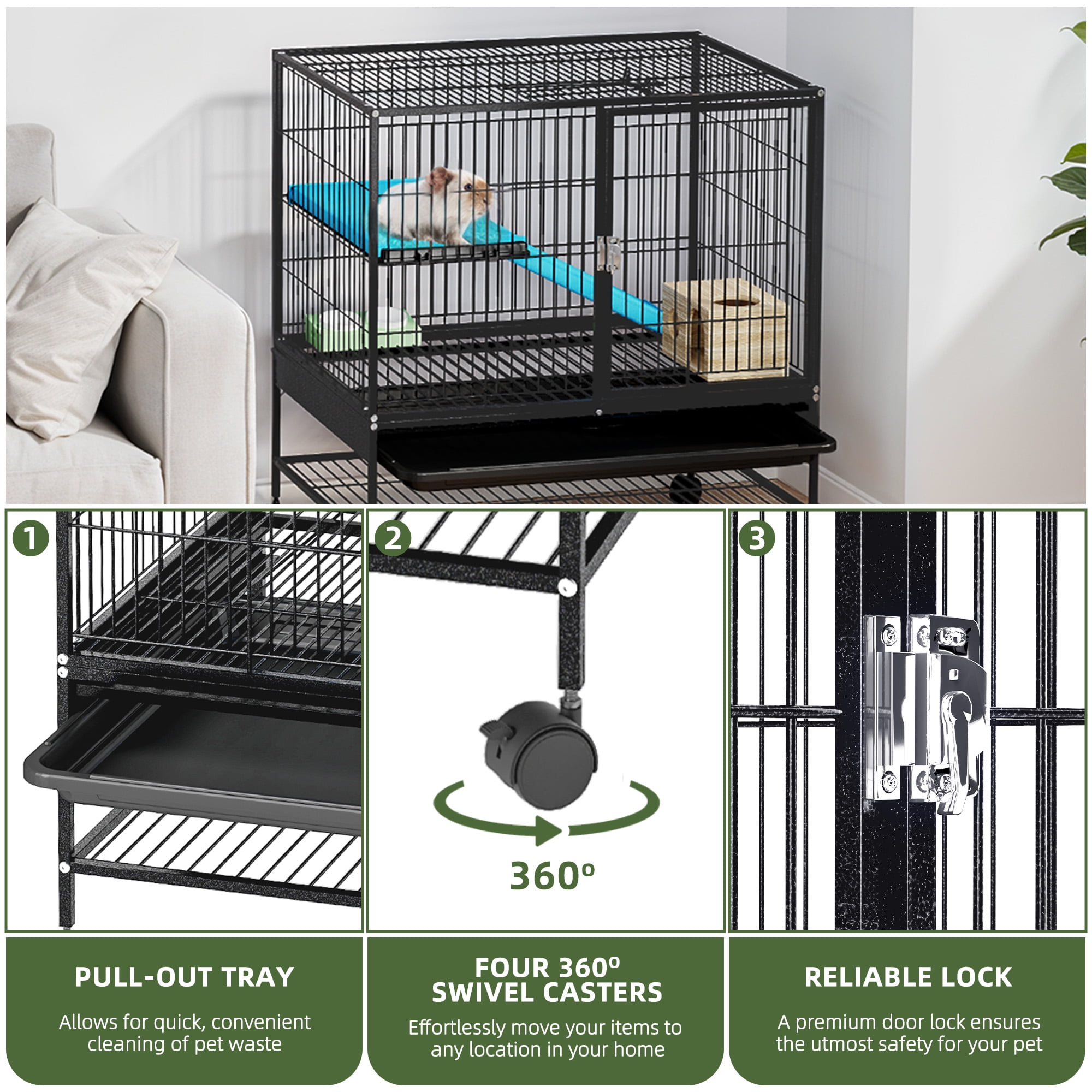 Uforic Small Animal Cage with Platforms & stair,Indoor Metal 2-Tiers Animal Cage for Rabbits, Chinchillas and Hamsters,4 universal 360 °wheels,Black - Image 3