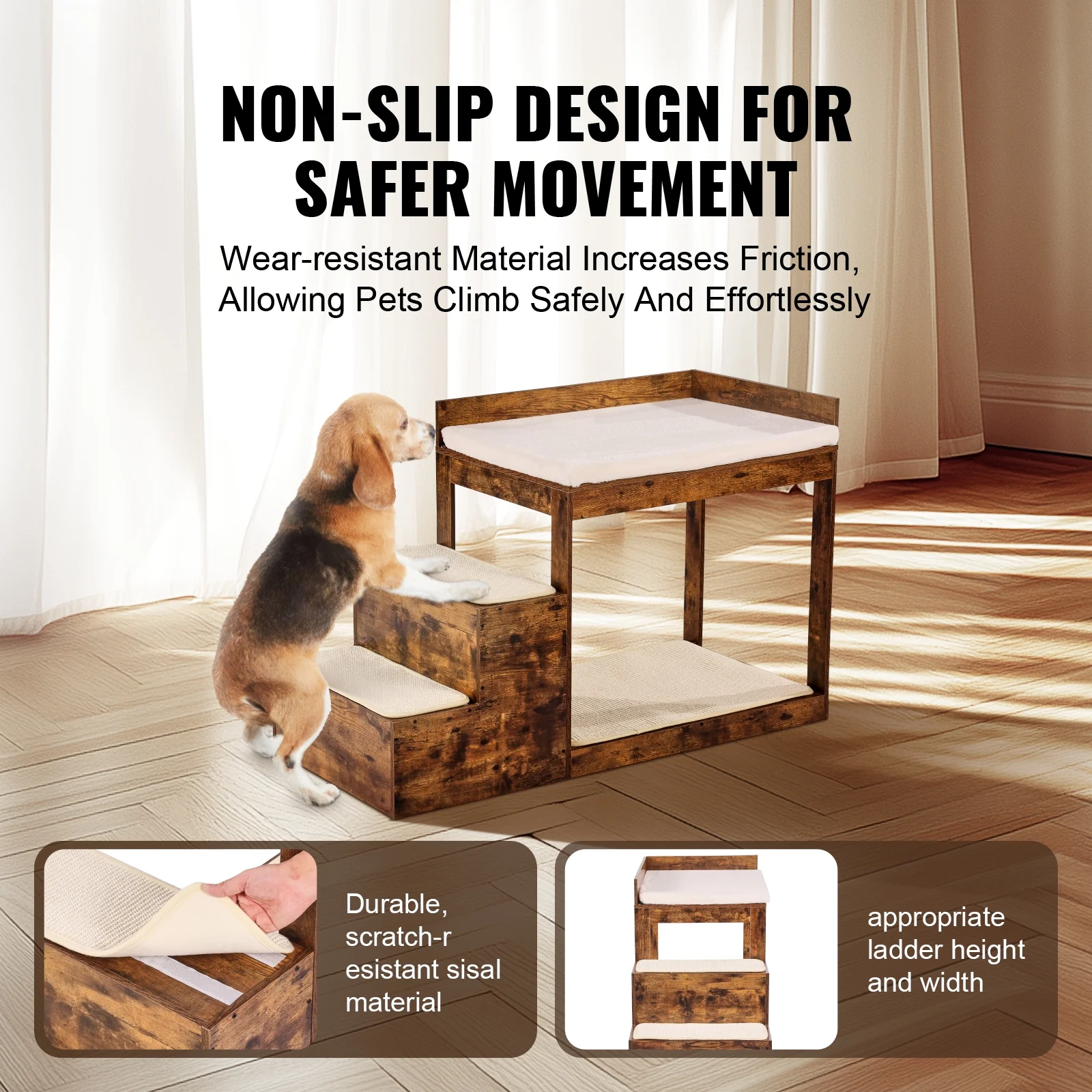 KFFKFF Animal Double-Deck Bed with Steps, Canine/Feline Lookout for Elevated Beds and Sofas, Mid-Sized Three-Tier Pet Resting Sofa, Suitable for Contemporary Residences (Antique Brown) - Image 3