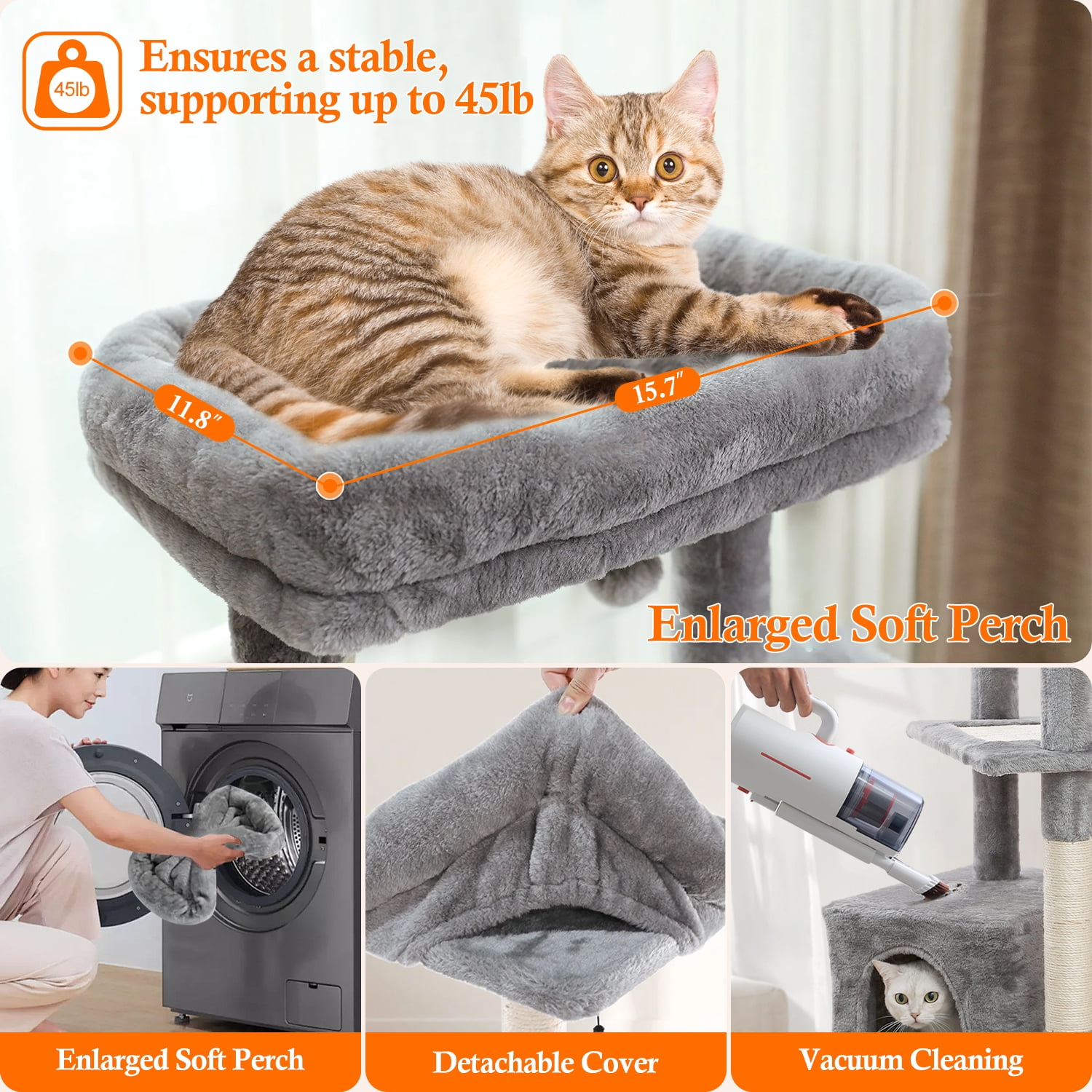 Cat Tree for Large Cats, Multi-Level Cat Tower with Sisal Covered Scratching Posts, Spacious Condo, Cozy Hammock and Plush Top Perch - Image 5