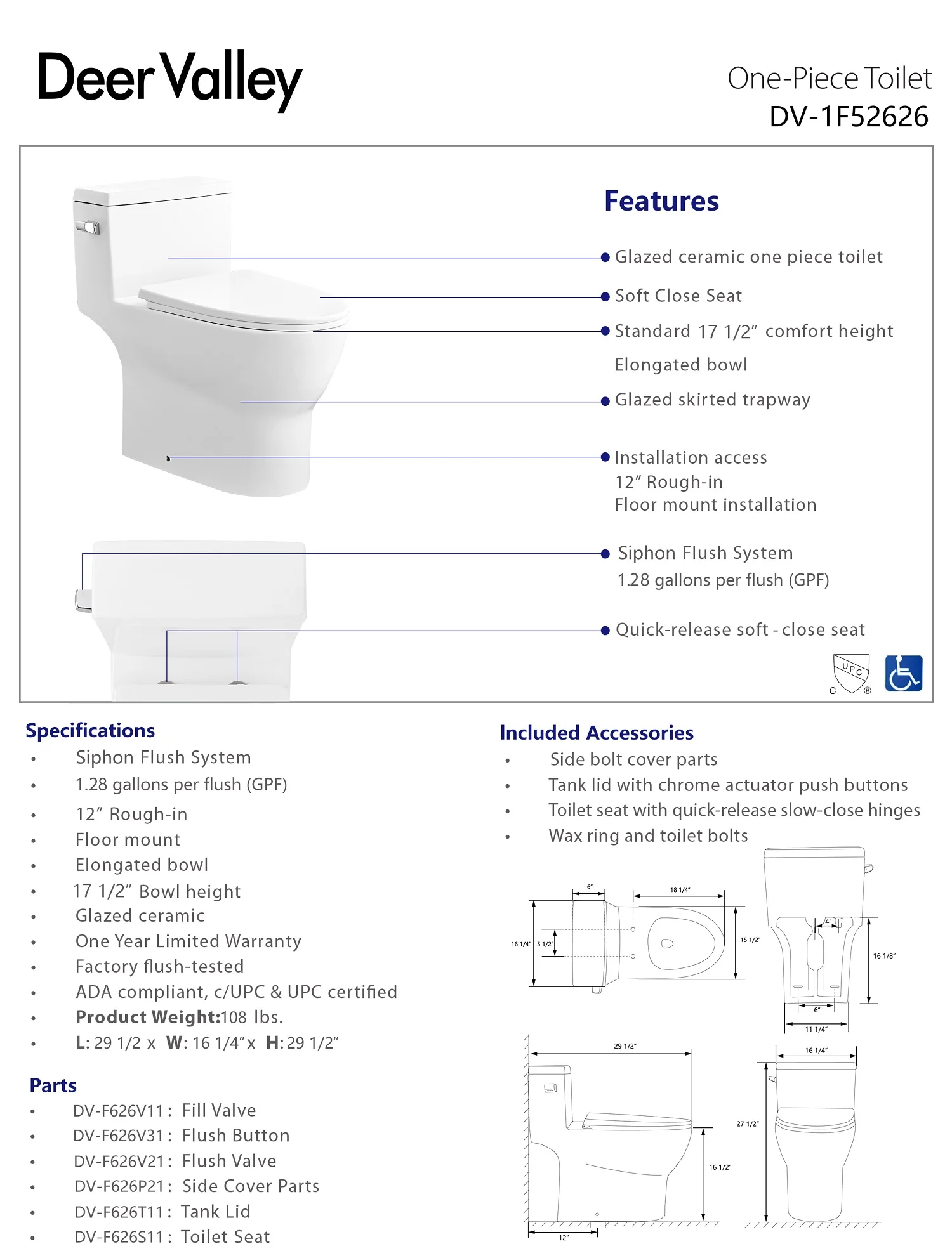 DeerValley DV-1F52626W ADA One-Piece Toilet Left Handle 1.28 GPF Water Efficient Elongated Comfort Seat Height - Image 5