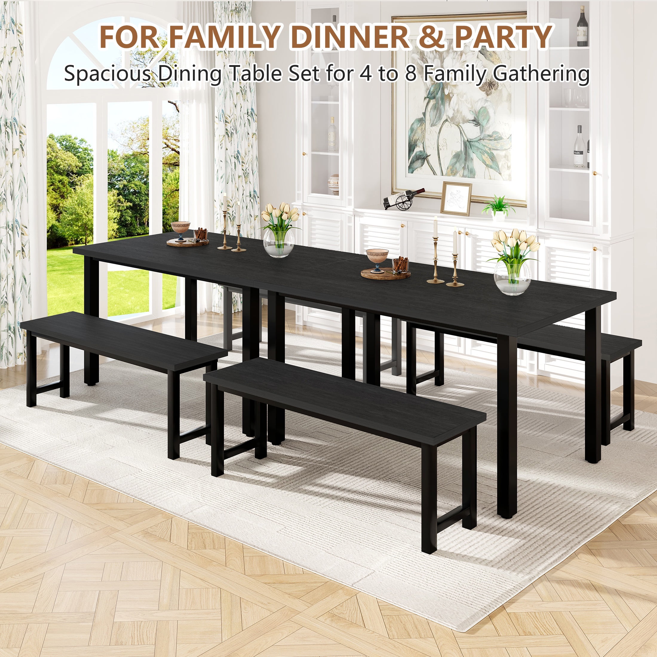 UHOMEPRO Dining Table Set for 4, 3-Piece Kitchen Table Set with 2 Benches, Modern Dining Room Table Set with Metal Frame, Breakfast Nook Furniture Set for Home Cafeteria Bar Dining Room, Black - Image 2