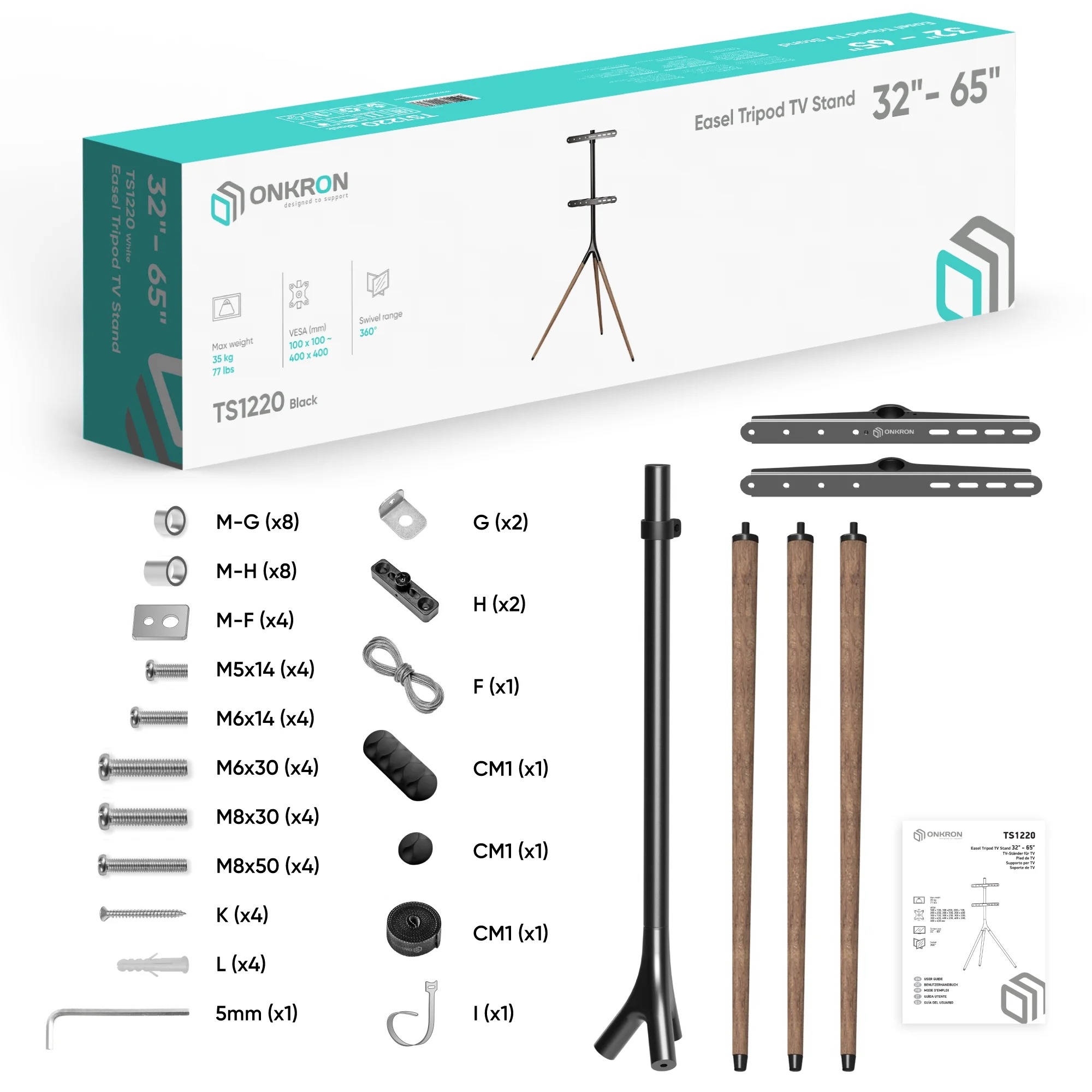 ONKRON Tripod TV Stand for 32”-65” TV up to 77 lbs, Sturdy Swiveling with max 400x400 VESA, 35” long - Image 2