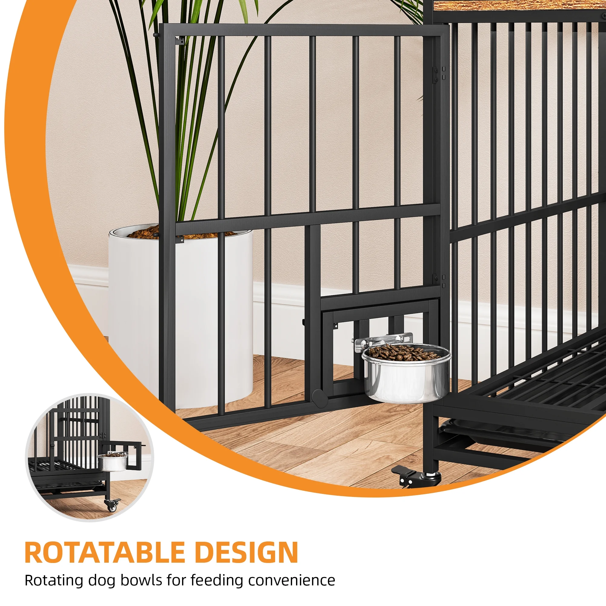 Uforic 37.5" Dog Crate Furniture with Double Lockable Doors, Heavy Duty Wooden Dog Kennel with Removable Divider &360° Rotatable Dog Bowls & 360° Wheels & 2 Trays - Image 5