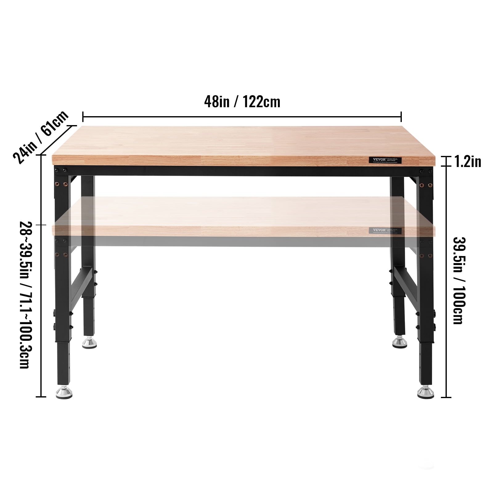 VEVOR Adjustable Workbench, 48" L X 24" W Multi-Purpose Work Bench with 28-39.5" Height Range and 2000 lbs Capacity, Power Outlets & Hardwood Top & Metal Frame & Foot Pads, Workshop Garage Table - Image 8