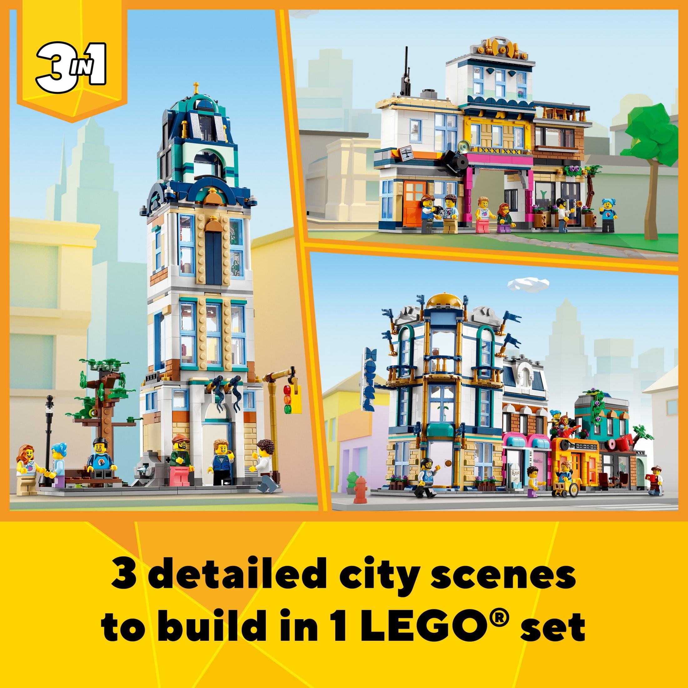 LEGO Creator 3 in 1 Main Street Building Toy Set, Features a Toy City, Art Deco Building, Market Street, Hotel, Café, Music Store and 6 Minifigures, Endless Play Possibilities for Kids, 31141 - Image 3