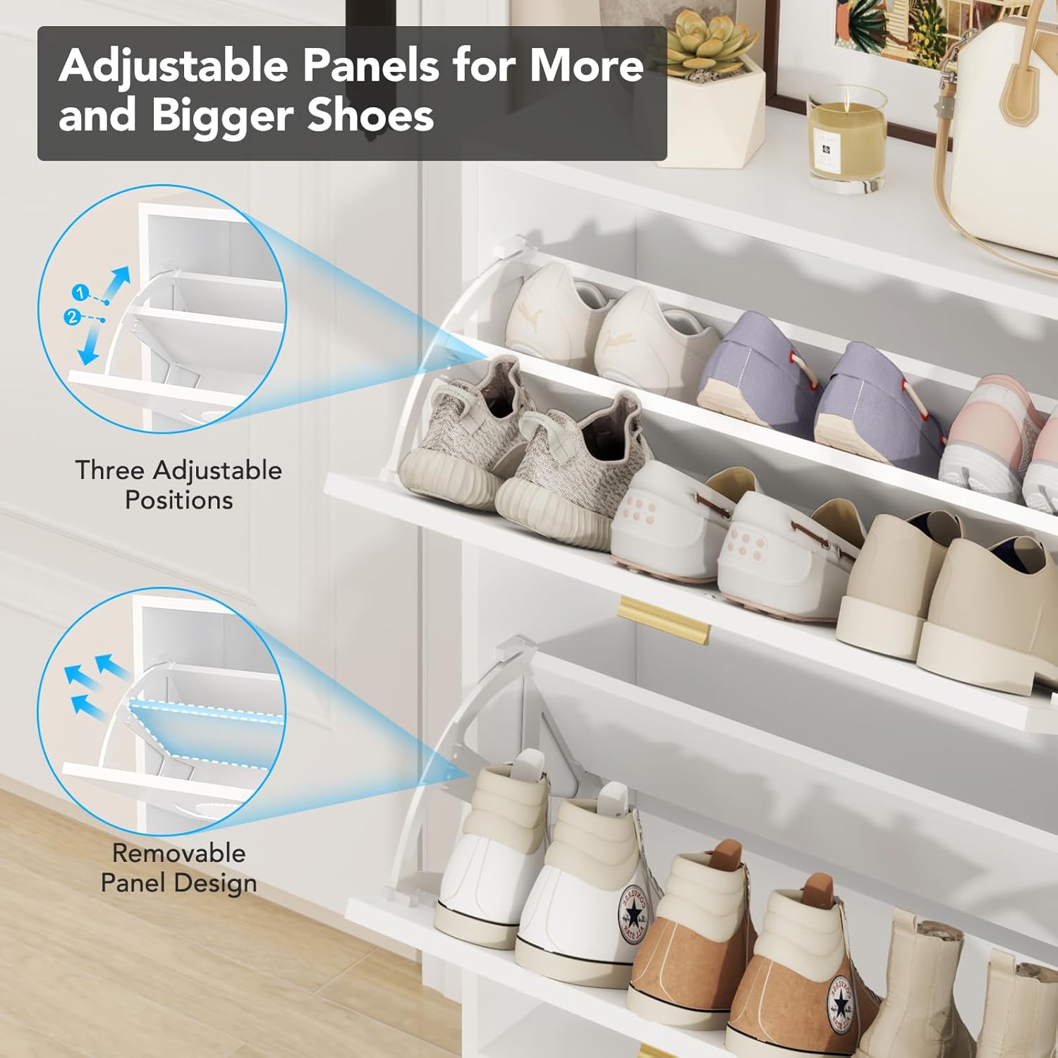 EPOWP 2-Flip Drawers Shoe Cabinet, Freestanding Shoe Rack Shoe Cupboard Organizer Wood, Entryway Shoe Storage Organizer for Home or Office, White - Image 6