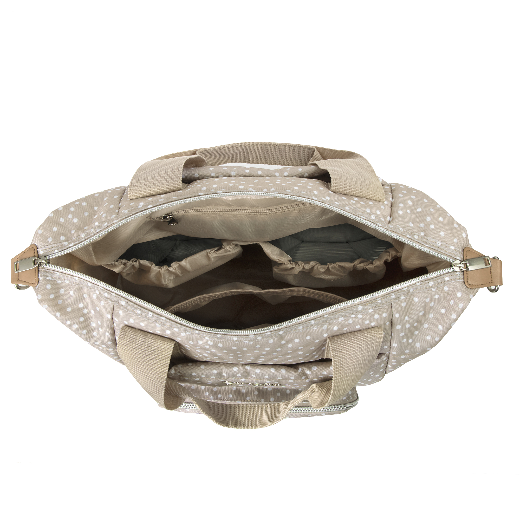 Jessica Simpson Quilted Baby Essentials Multifunction Multi-Pocket Fashion Diaper Bag Luggage Tote with Magnetic Front Wipes Pocket, Bottle Pockets & Changing Pad for Infant Boys & Girls in Taupe Dots - Image 4