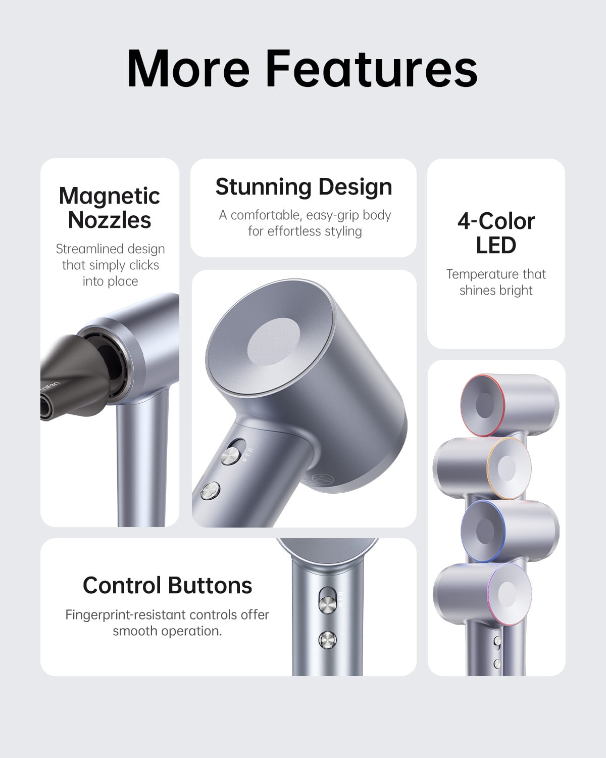 Laifen Swift Special Hair Dryer, 110,000 RPM High Speed Motor & 200Million Ions, with Magnetic Nozzle (Silver Blue,Glass Fiber & Nylon) - Image 2