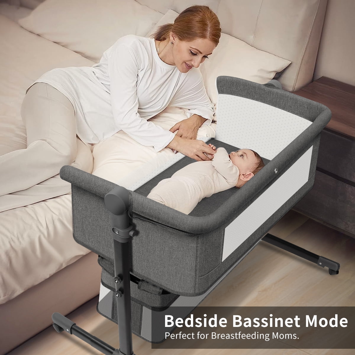 HDJ 4 in 1 Baby Bassinet, Portable Infant Bedside Crib with Lockable Wheel for 0-6 Months Baby, Dark Gray - Image 6