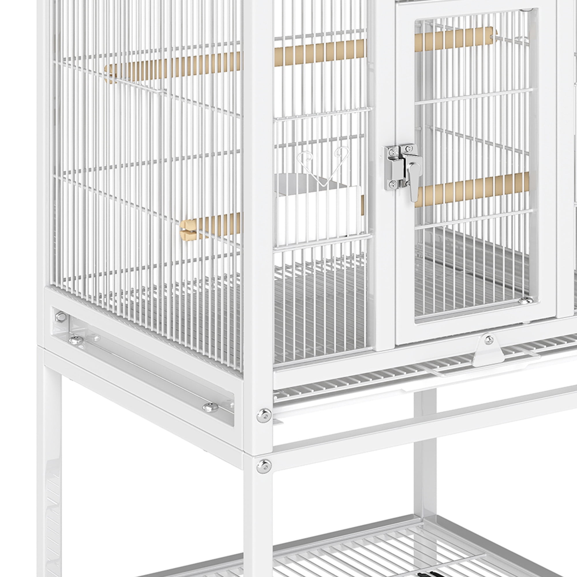 Uforic 41" Metal Birdcage with Rolling Stand and Castor Wheels, Large Parrot Cage with 2 Perches and 2 Feeders, Spacious Storage Tray, White - Image 3