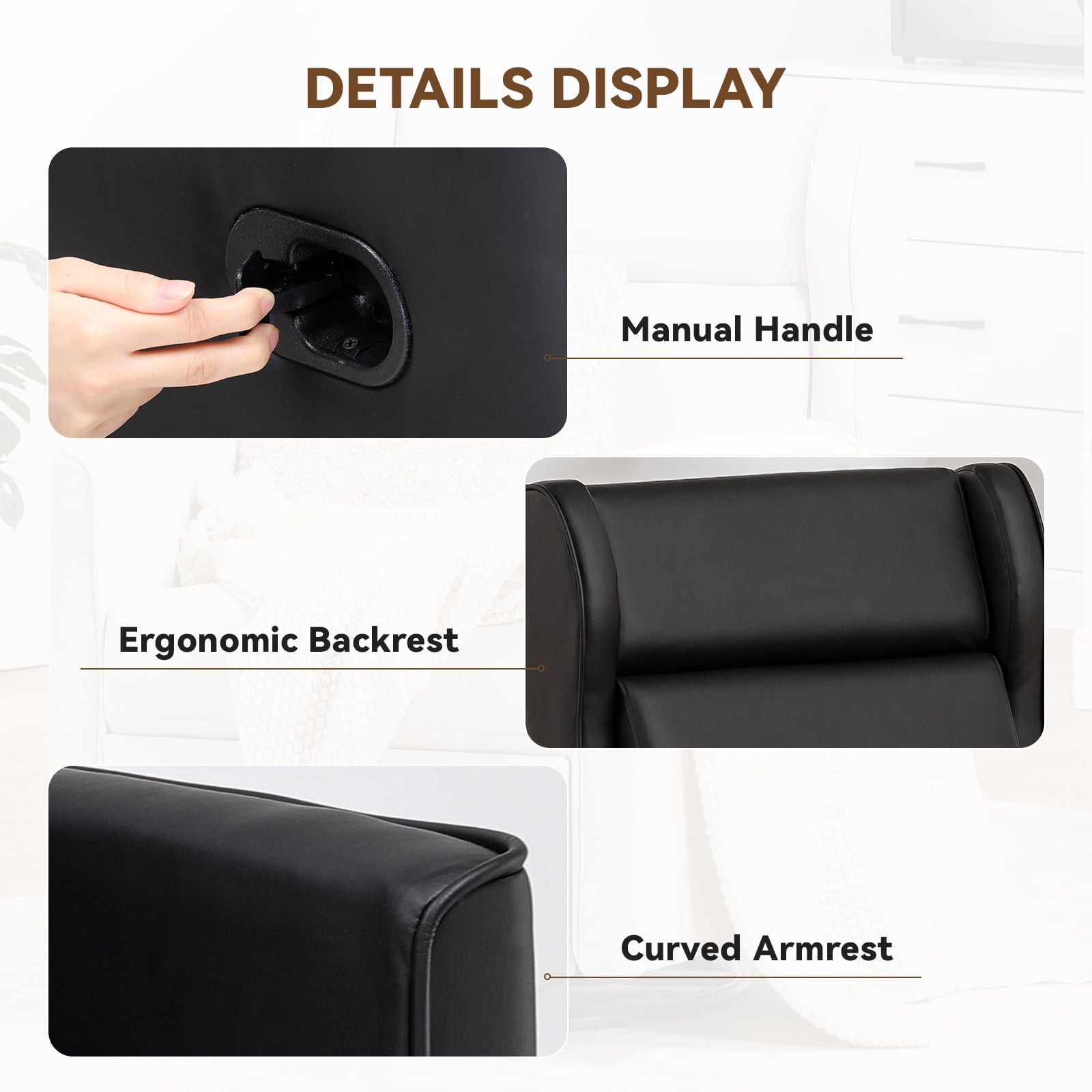 COMHOMA Swivel Rocker Recliner Chair, PU Lether Single Sofa Seat for Living Room, Black - Image 4