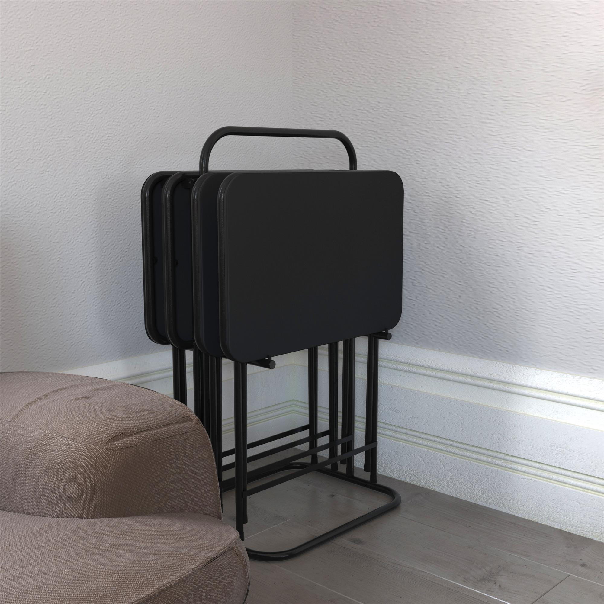 COSCO 5-Piece Folding Vinyl Top TV Tray Set, Black with Storage Rack - Image 3