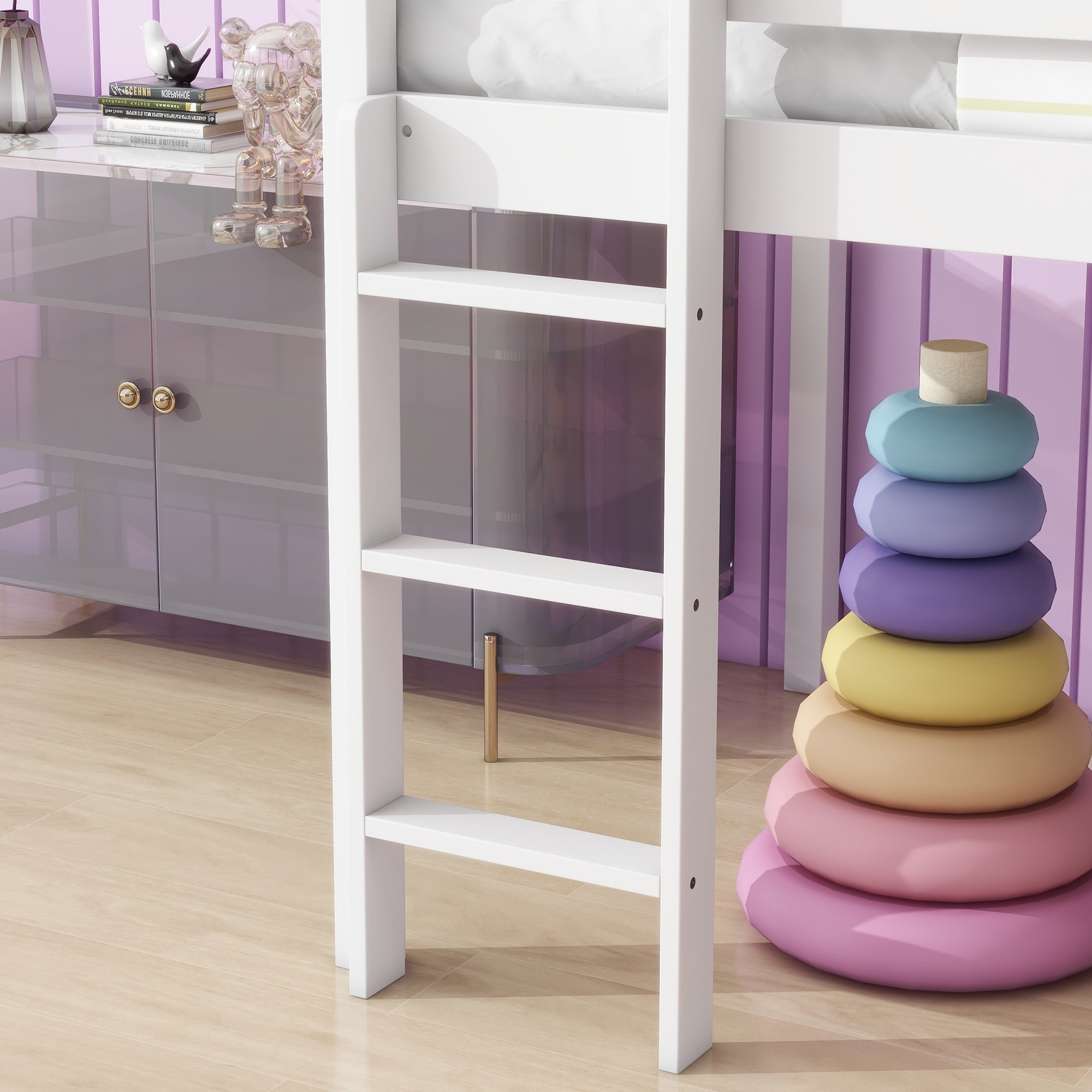 Miniyam Wood Twin Size Loft Bed with Slide, Guardrails and Ladder for Kids, White - Image 4