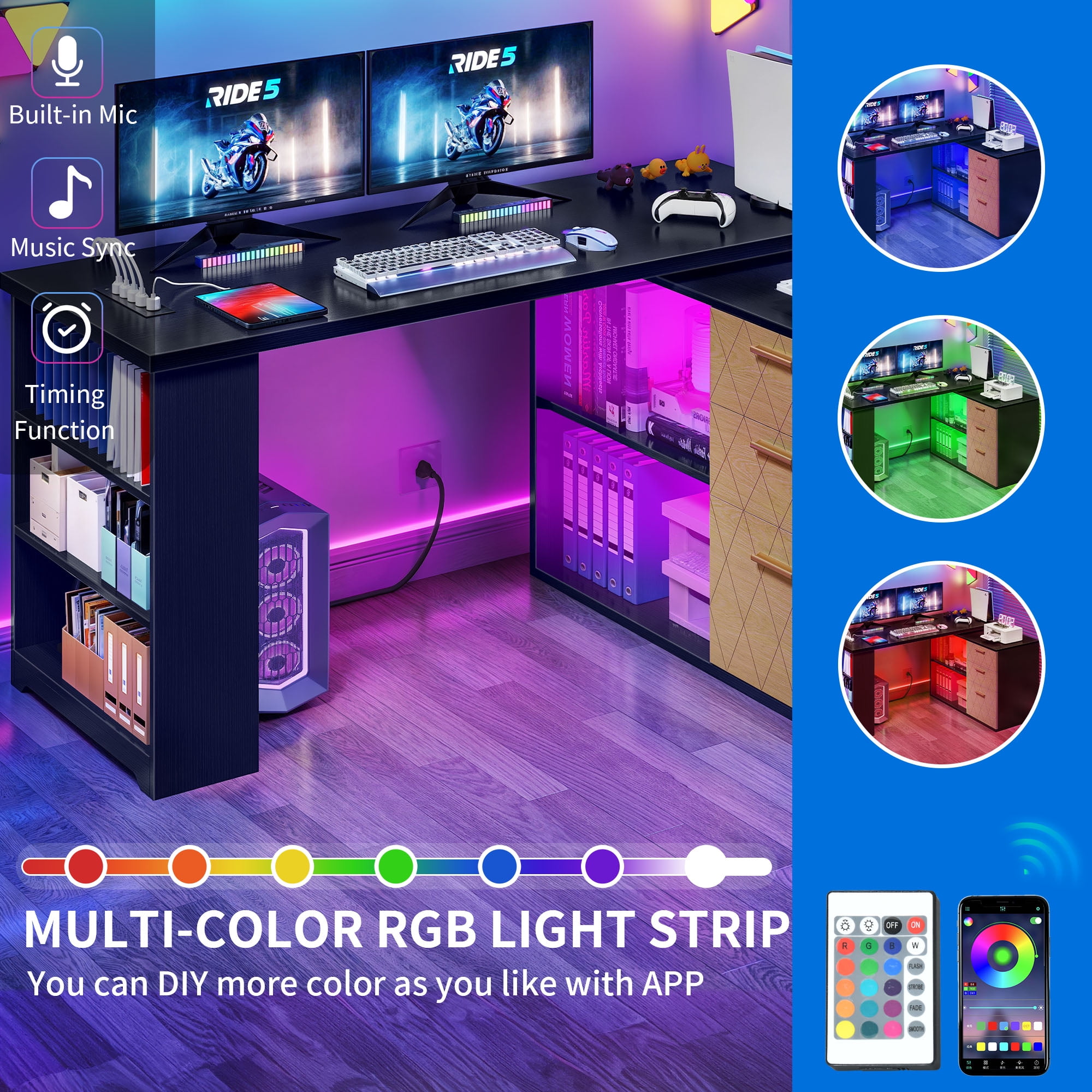 Dextrus L Shaped Desk with LED Light & Power Outlets, 59 inch Reversible Computer Desk with File Cabinet & Storage Shelves, Executive Desk Office Desk Writing Desk for Home Office, Black - Image 8