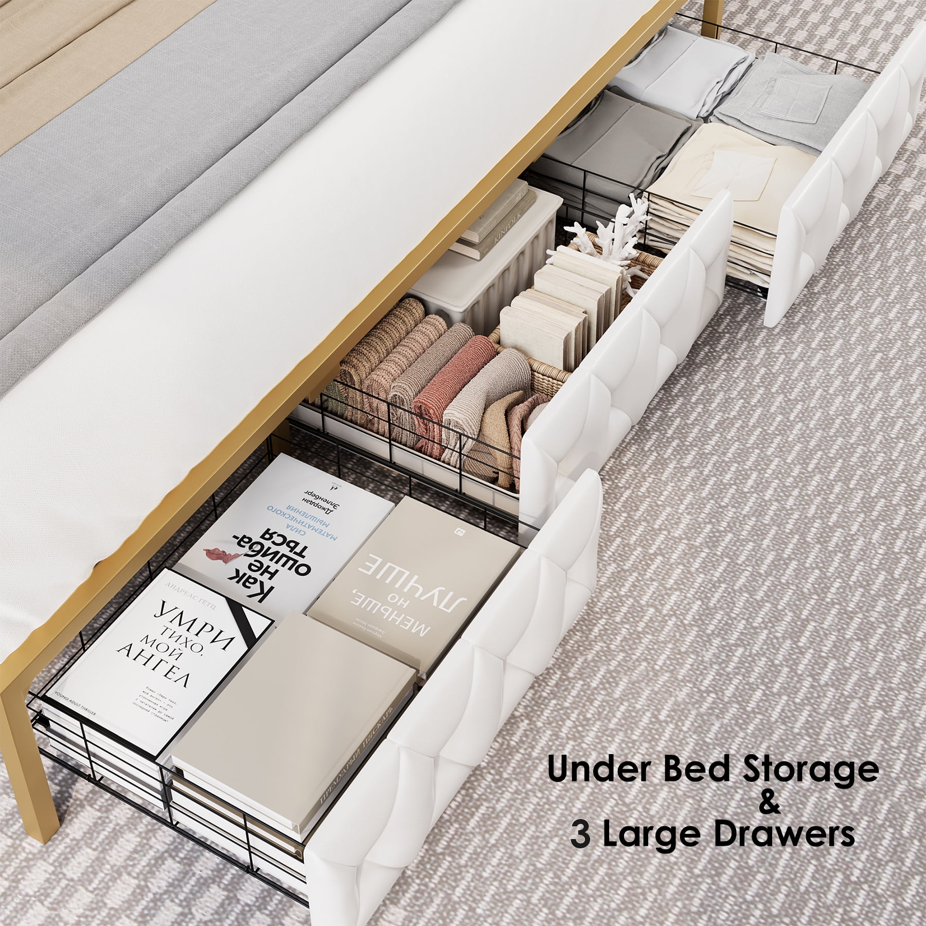 Homfa King Size Storage Bed with 3 Drawers, PU Leather Upholstered Bed with Shelving and Charging , White - Image 4