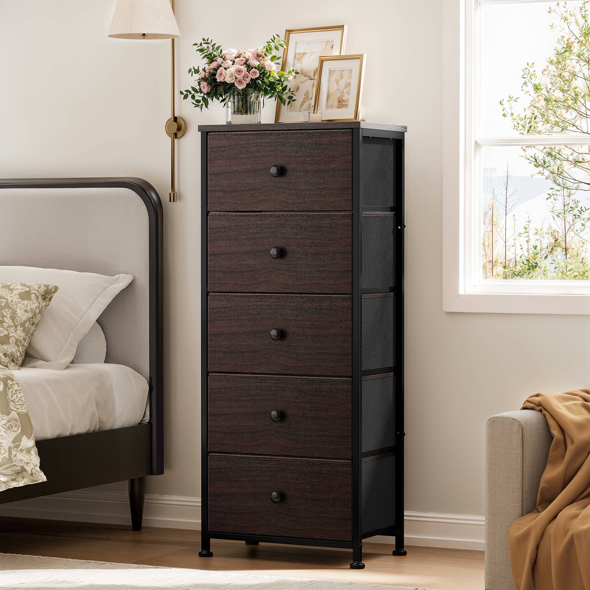 GUNAITO 5 Drawer Dresser for Bedroom Tall Narrow Chest of Drawers Fabric Storage Dresser for Adults,Brown - Image 6