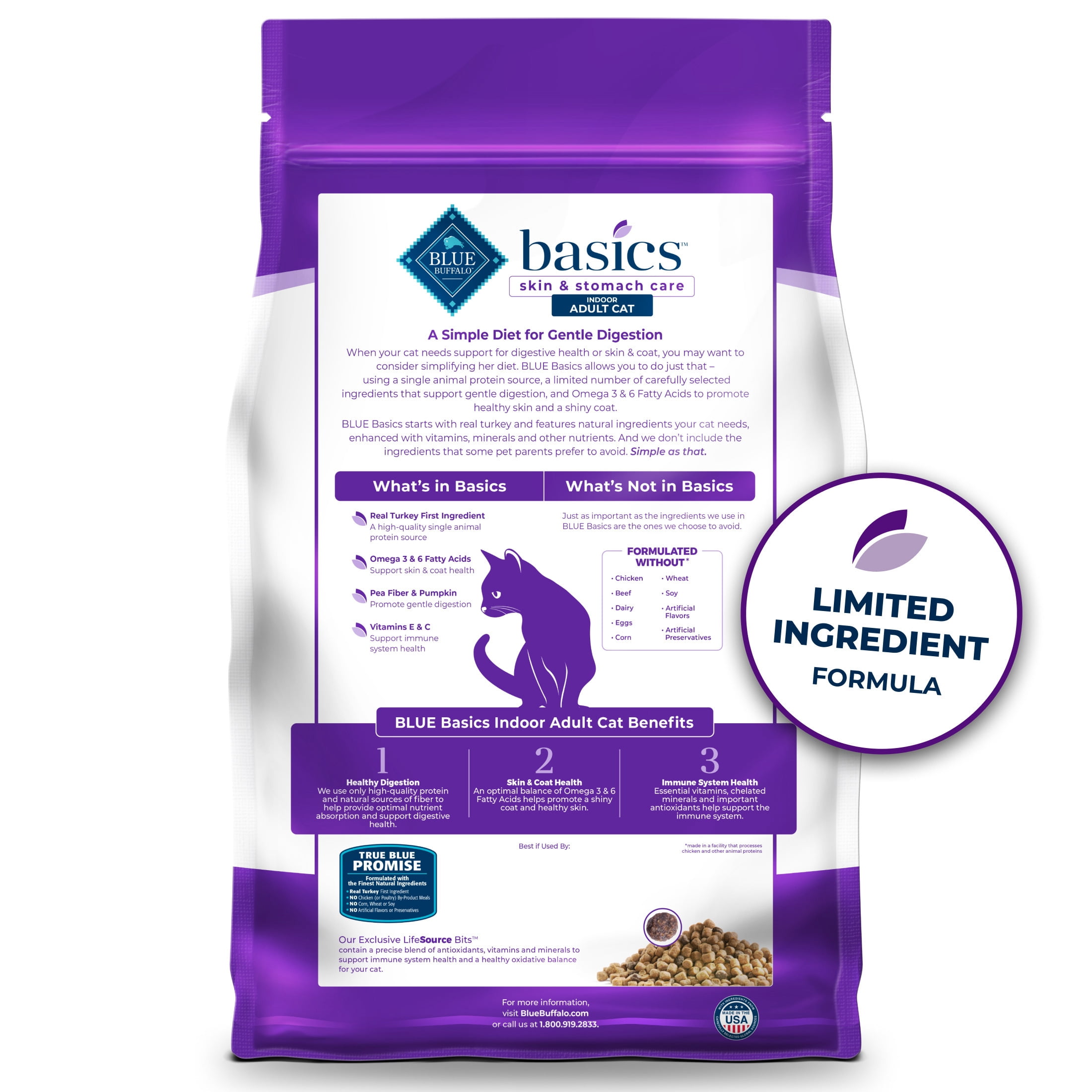Blue Buffalo Basics Grain-Free Dry Cat Food Skin & Stomach Care, Turkey & Potato, 11-lb. Bag - Image 3