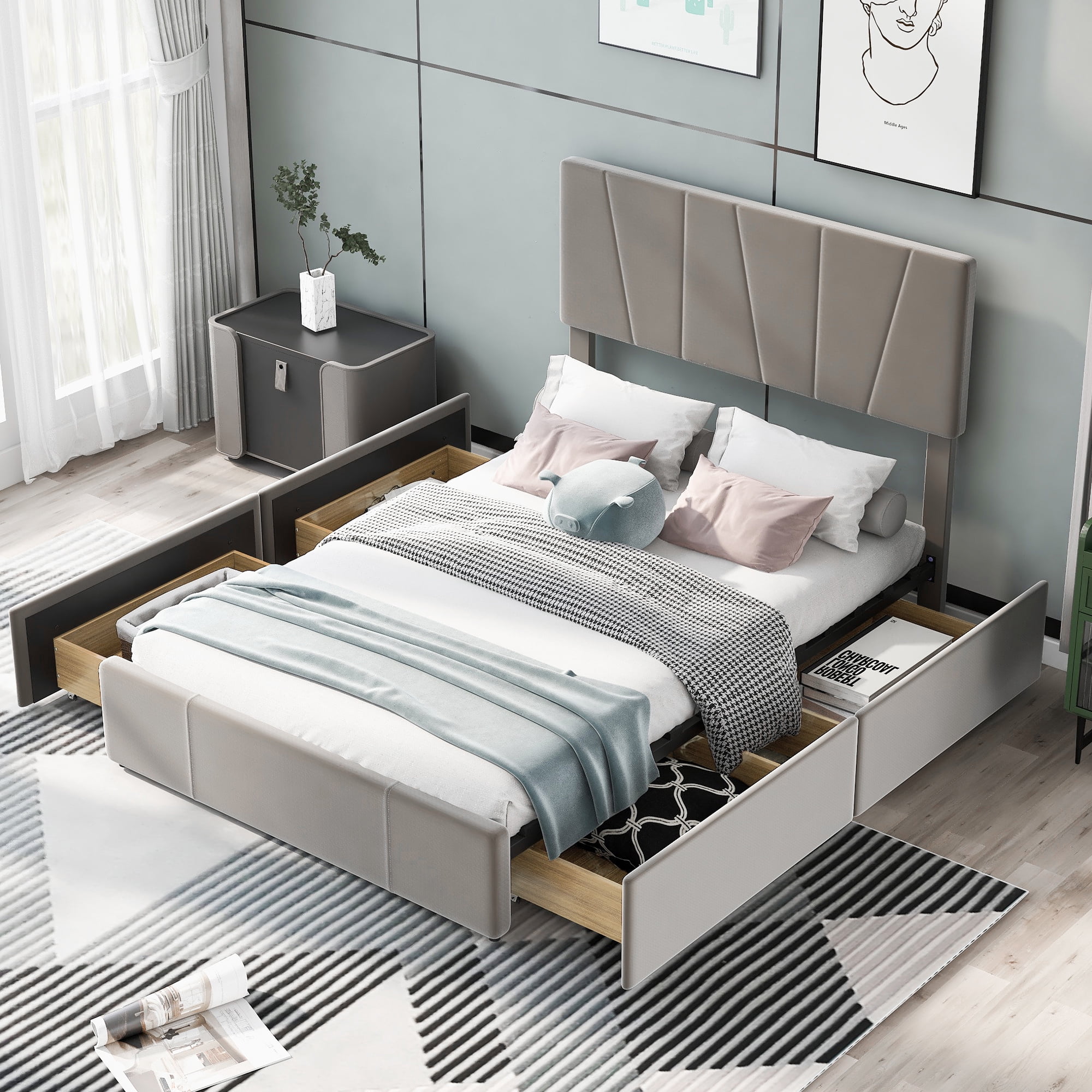 EUROCO Upholstery Full Size Platform Bed with 4 Drawers for Kids Room, Gray - Image 9