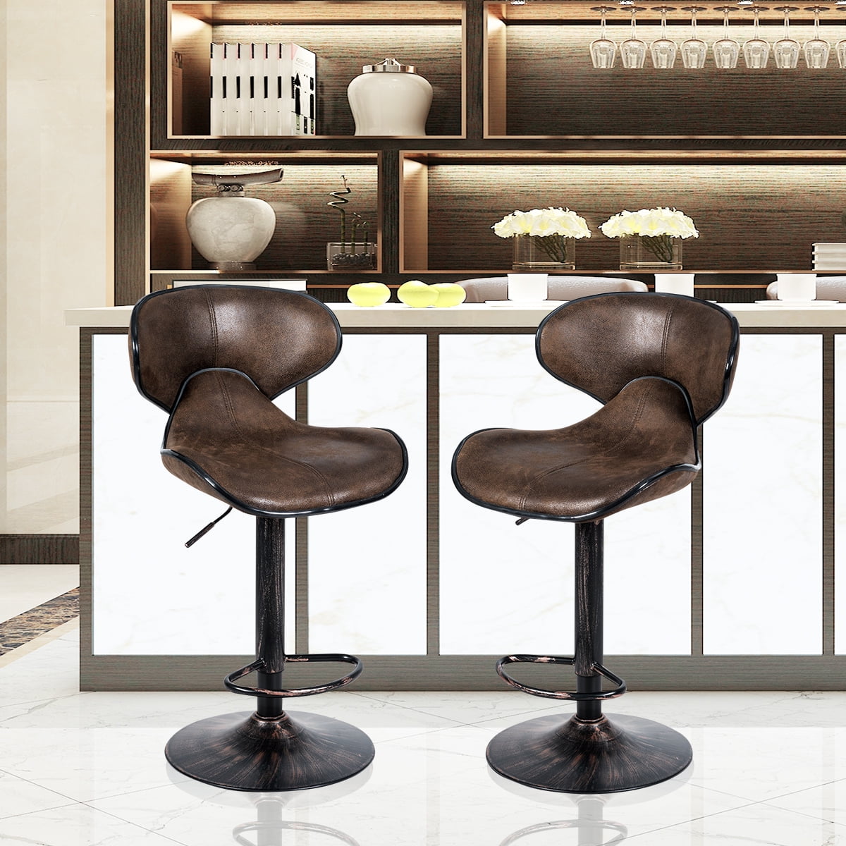 Costway Set of 2 Adjustable Bar Stools Swivel Bar Chairs with Back&Footrest Retro Brown - Image 2